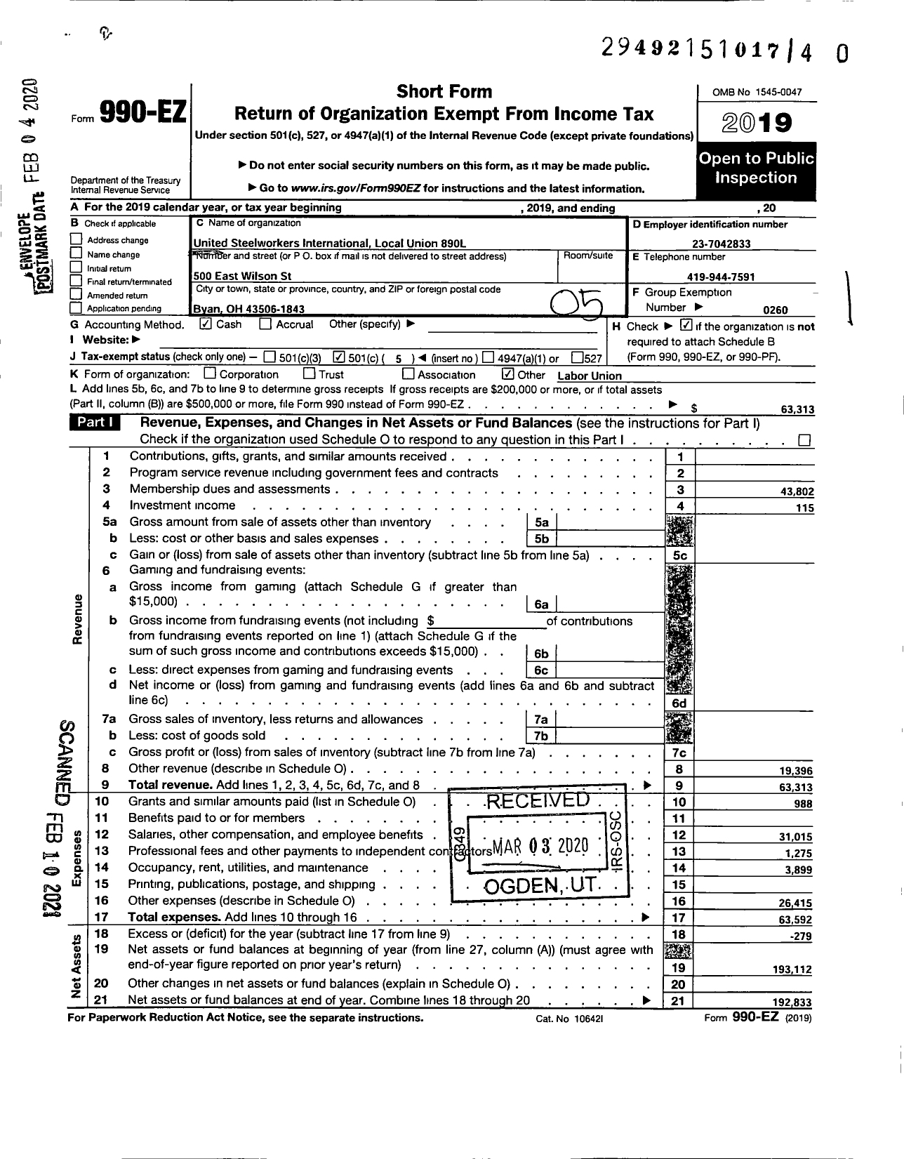 Image of first page of 2019 Form 990EO for United Steelworkers - 00890l Local