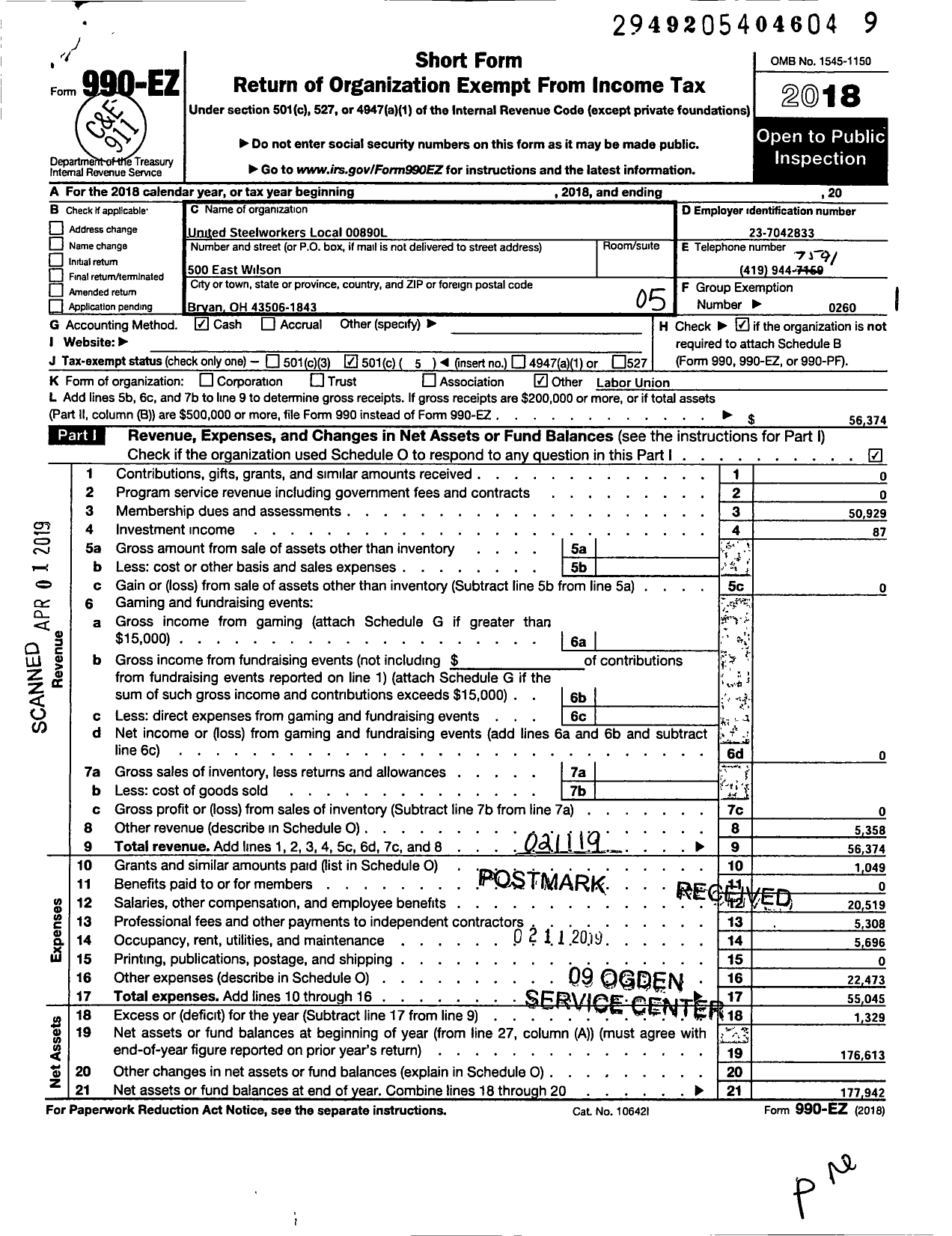 Image of first page of 2018 Form 990EO for United Steelworkers - 00890l Local