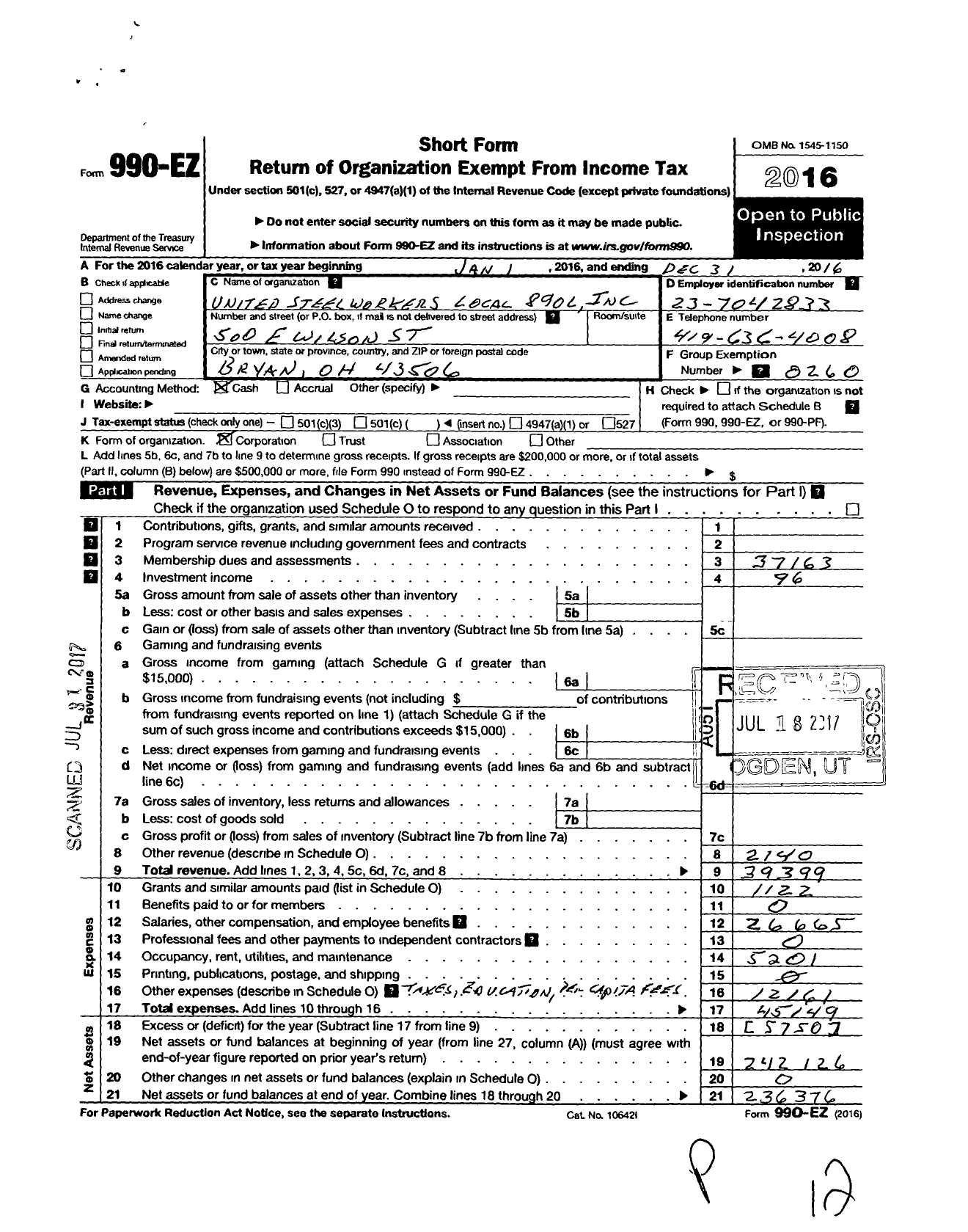 Image of first page of 2016 Form 990EO for United Steelworkers - 00890l Local