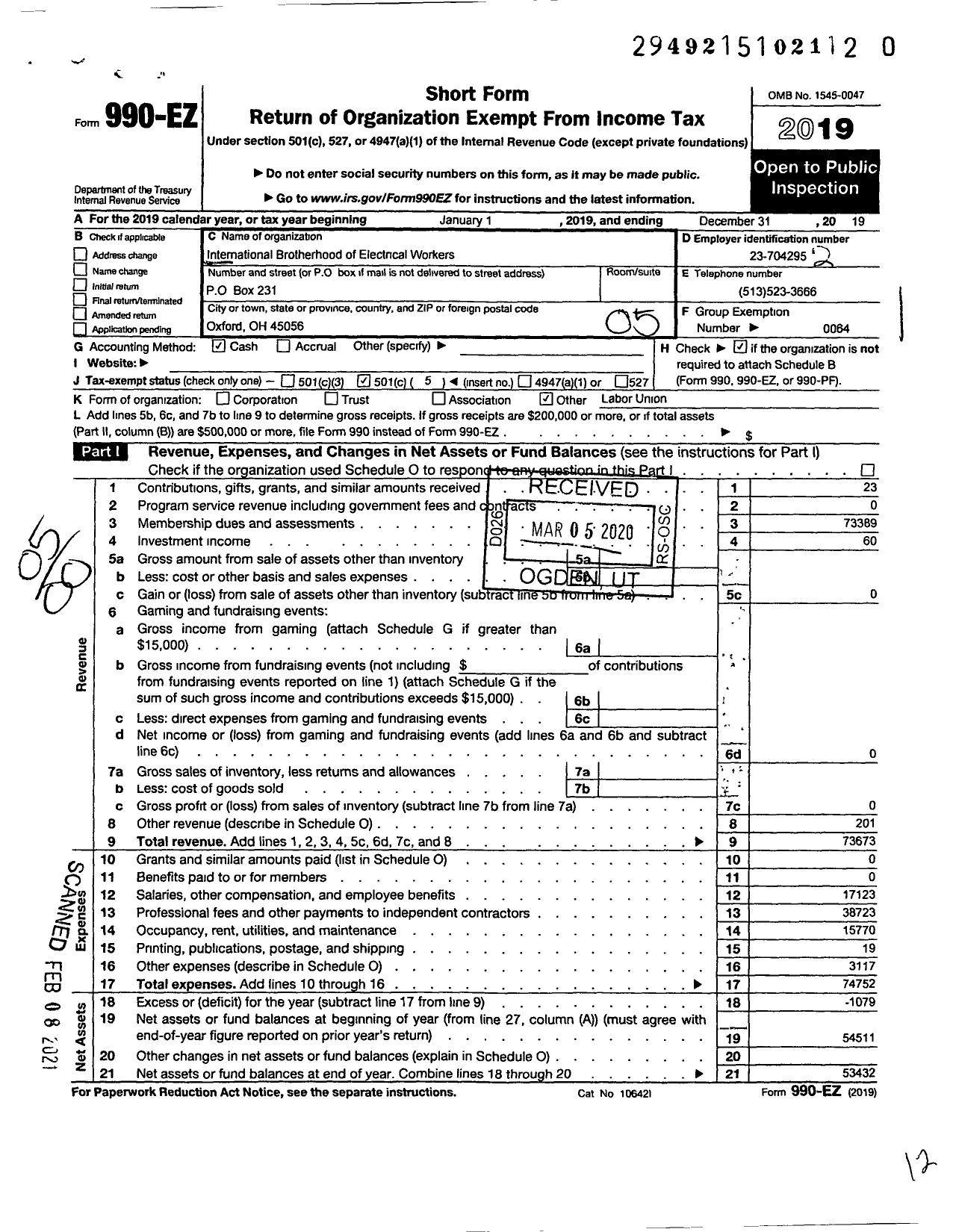 Image of first page of 2019 Form 990EO for INTERNATIONAL BROTHERHOOD OF ELECTRICAL WORKERS - 2287 Local Union