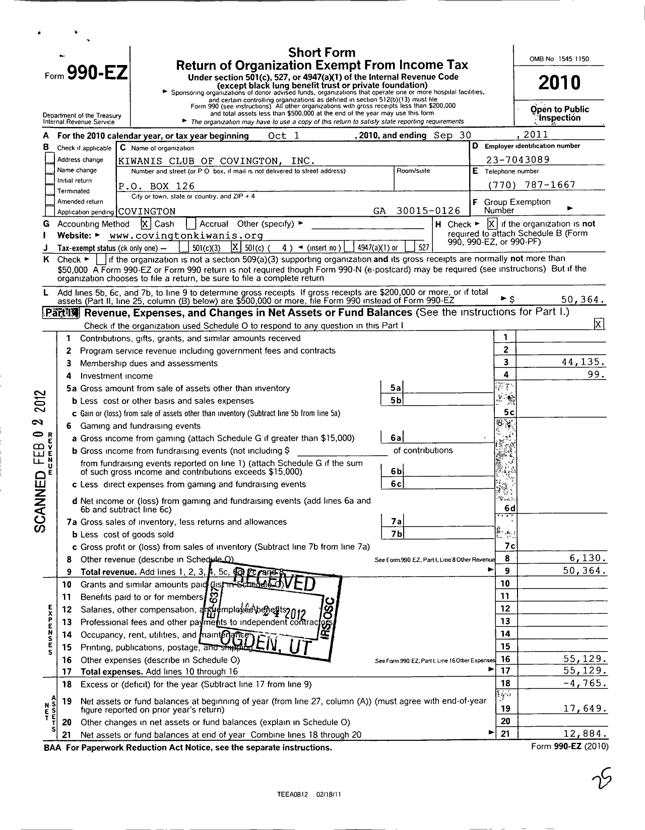 Image of first page of 2010 Form 990EO for Kiwanis Club of Covington