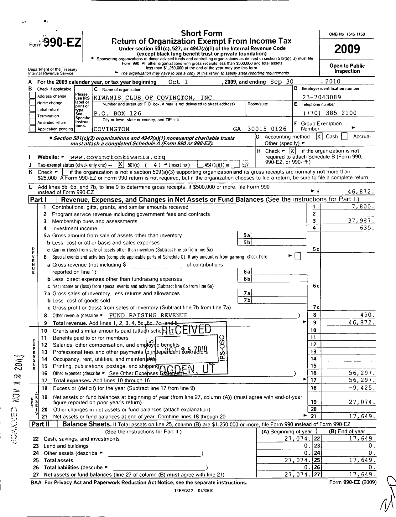 Image of first page of 2009 Form 990EO for Kiwanis Club of Covington