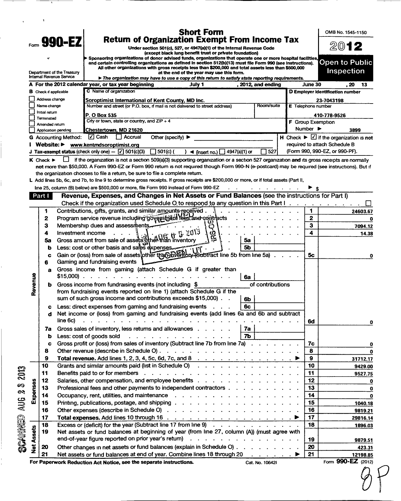 Image of first page of 2012 Form 990EZ for Soroptimist International of the Americas - 103063 Kent and Queen Annes Countie