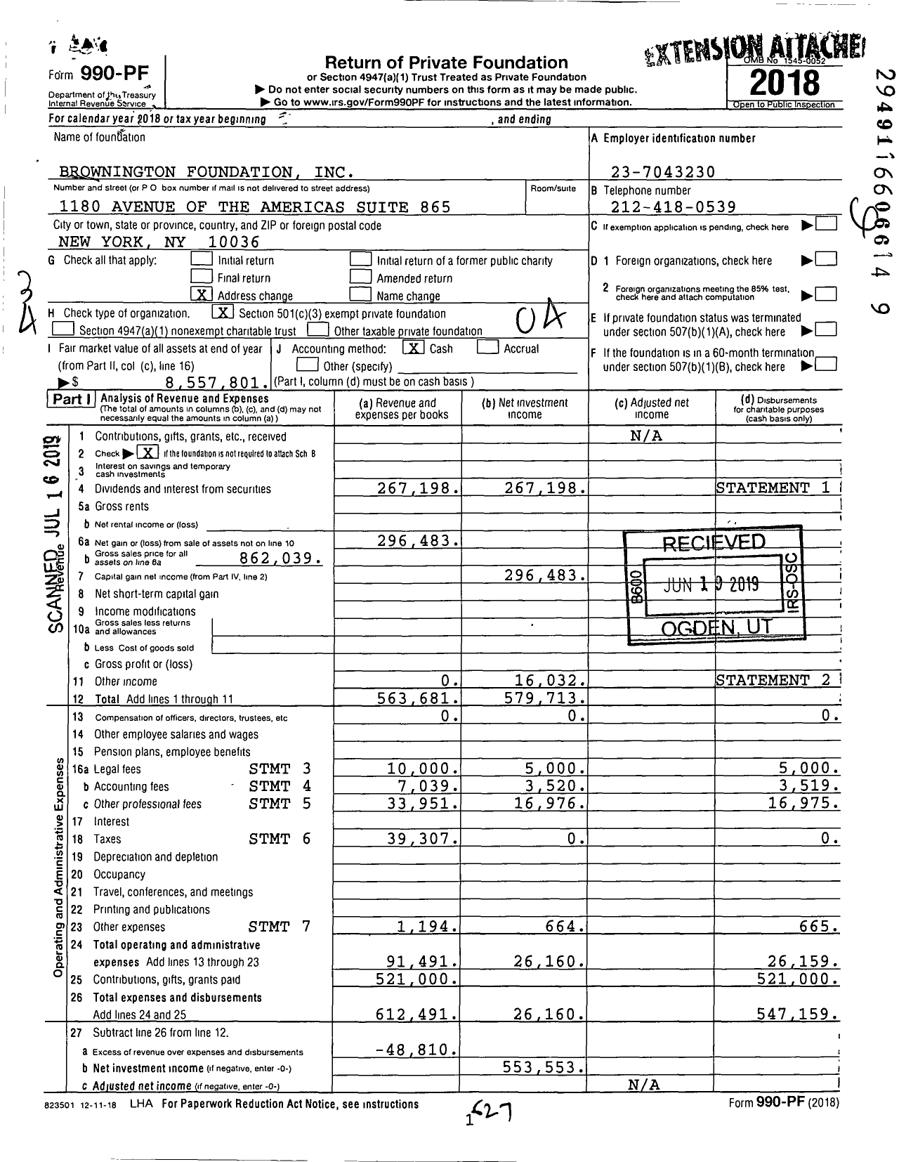 Image of first page of 2018 Form 990PF for Brownington Foundation