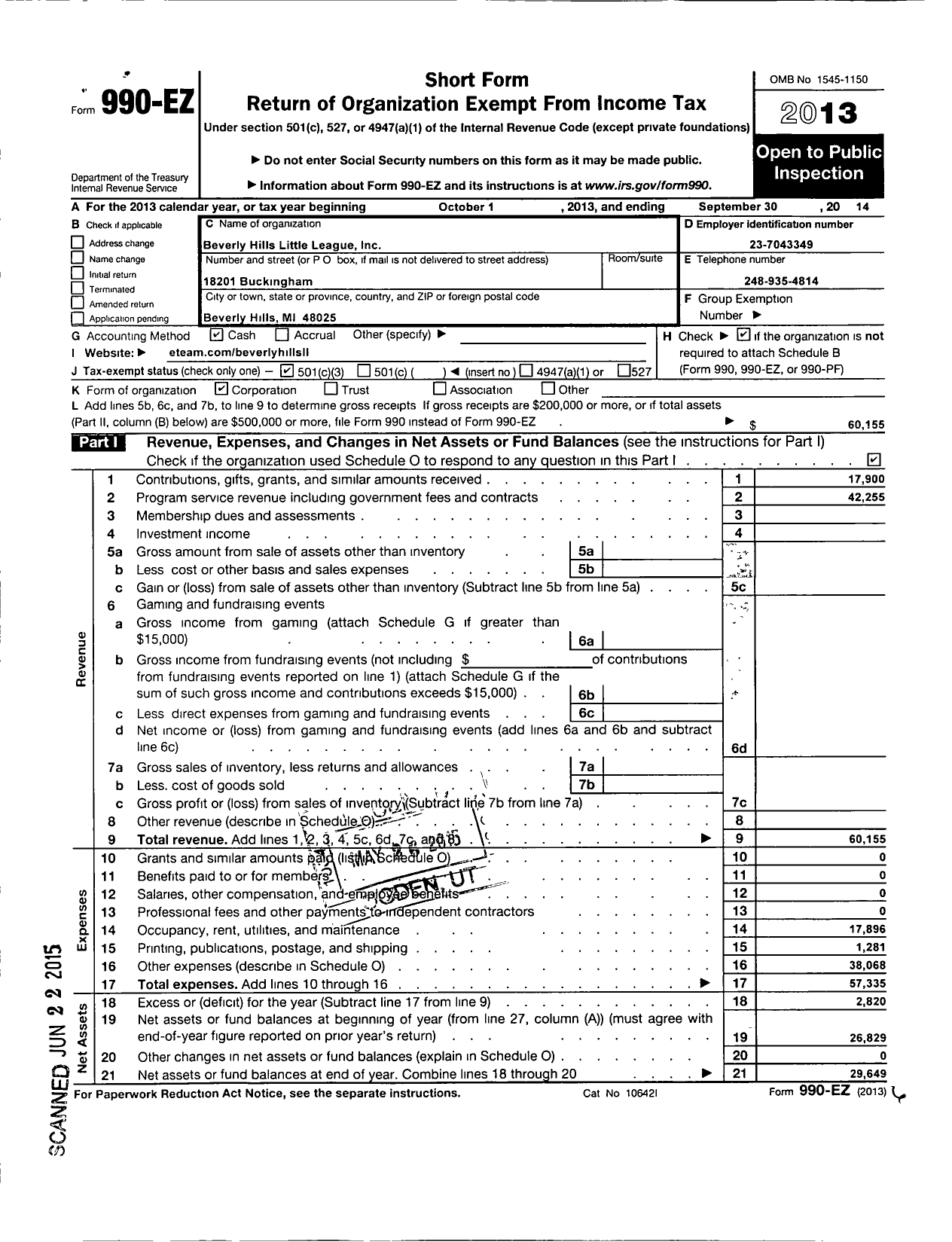 Image of first page of 2013 Form 990EZ for Little League Baseball - 1220402 Beverly Hills LL