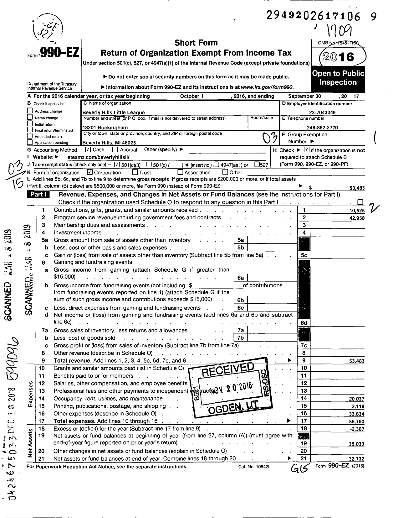 Image of first page of 2016 Form 990EZ for Little League Baseball - 1220402 Beverly Hills LL