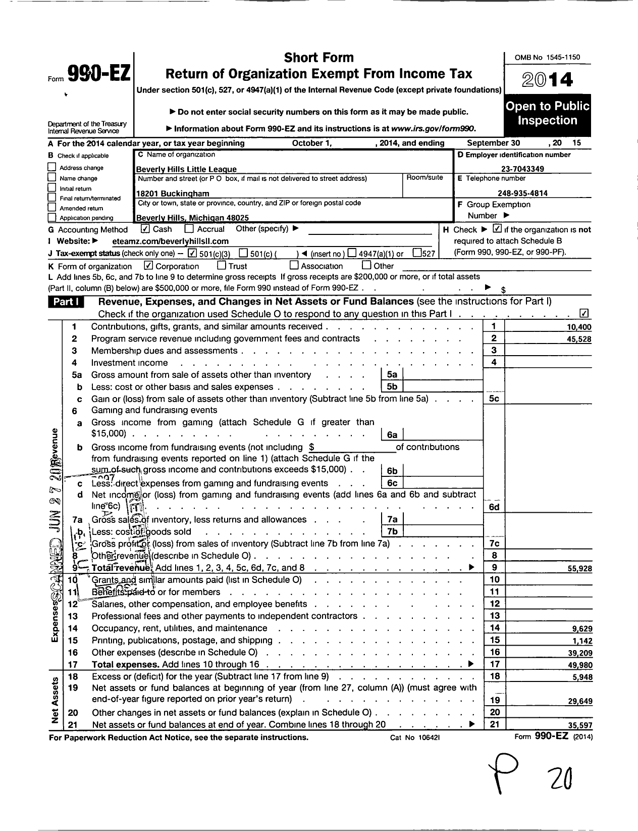 Image of first page of 2014 Form 990EZ for Little League Baseball - 1220402 Beverly Hills LL