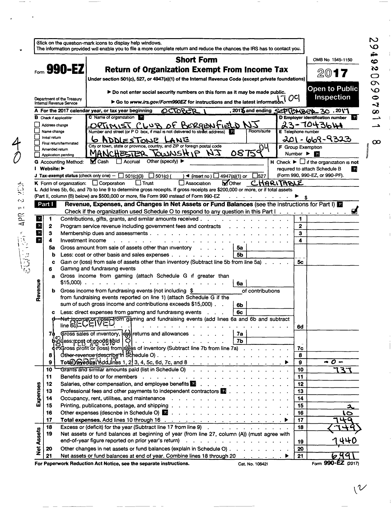 Image of first page of 2016 Form 990EO for Optimist International - 27008 Oc of Bergenfield NJ