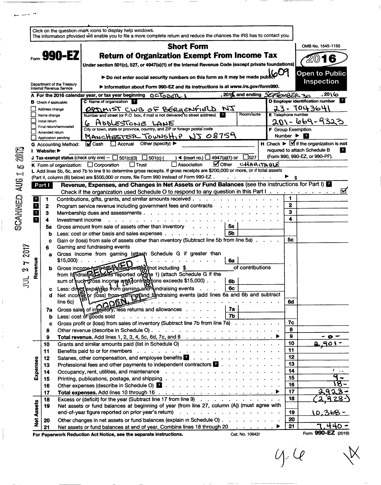 Image of first page of 2015 Form 990EO for Optimist International - 27008 Oc of Bergenfield NJ