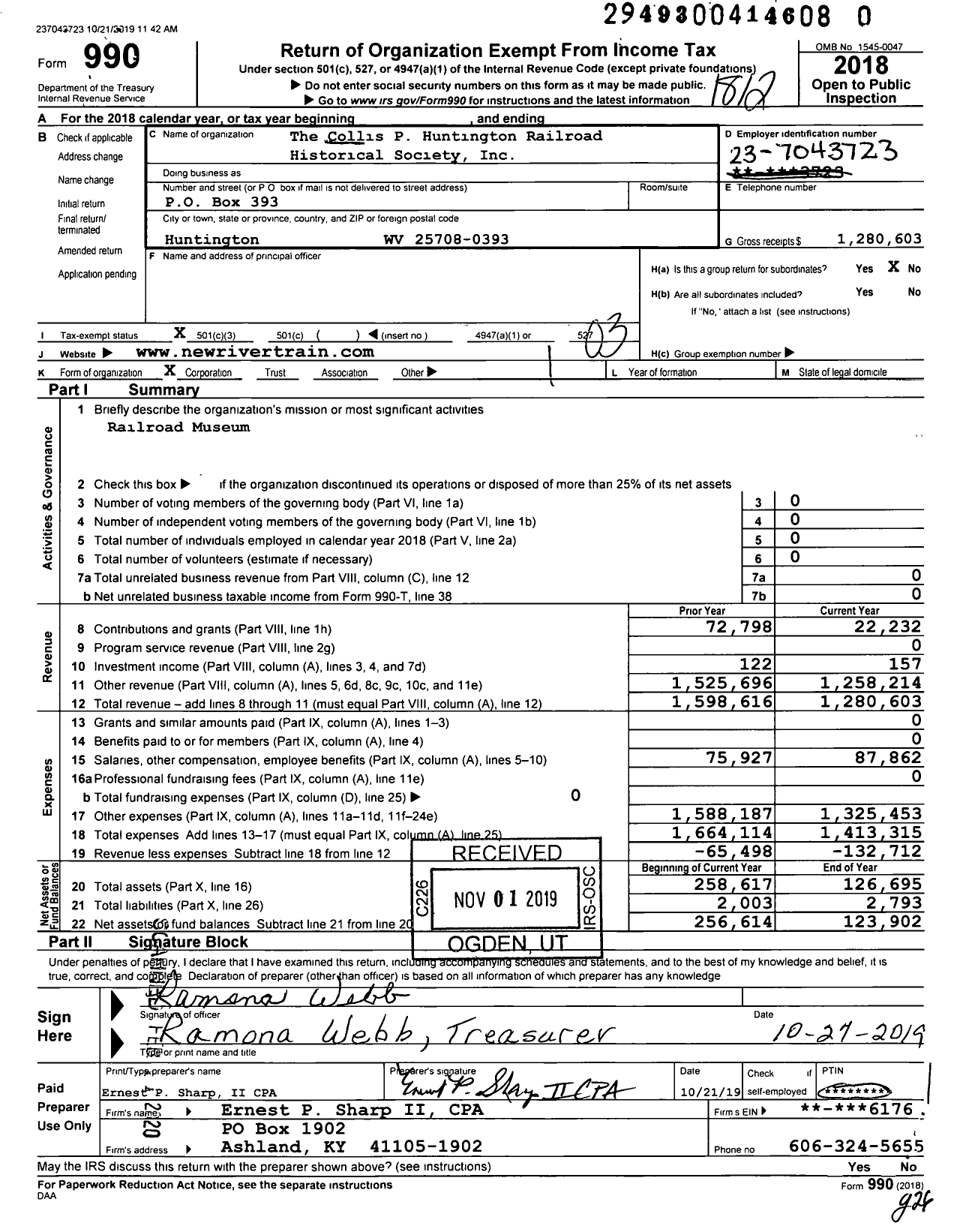 Image of first page of 2018 Form 990 for Collis P Huntington Railroad Historical Society (CPH)
