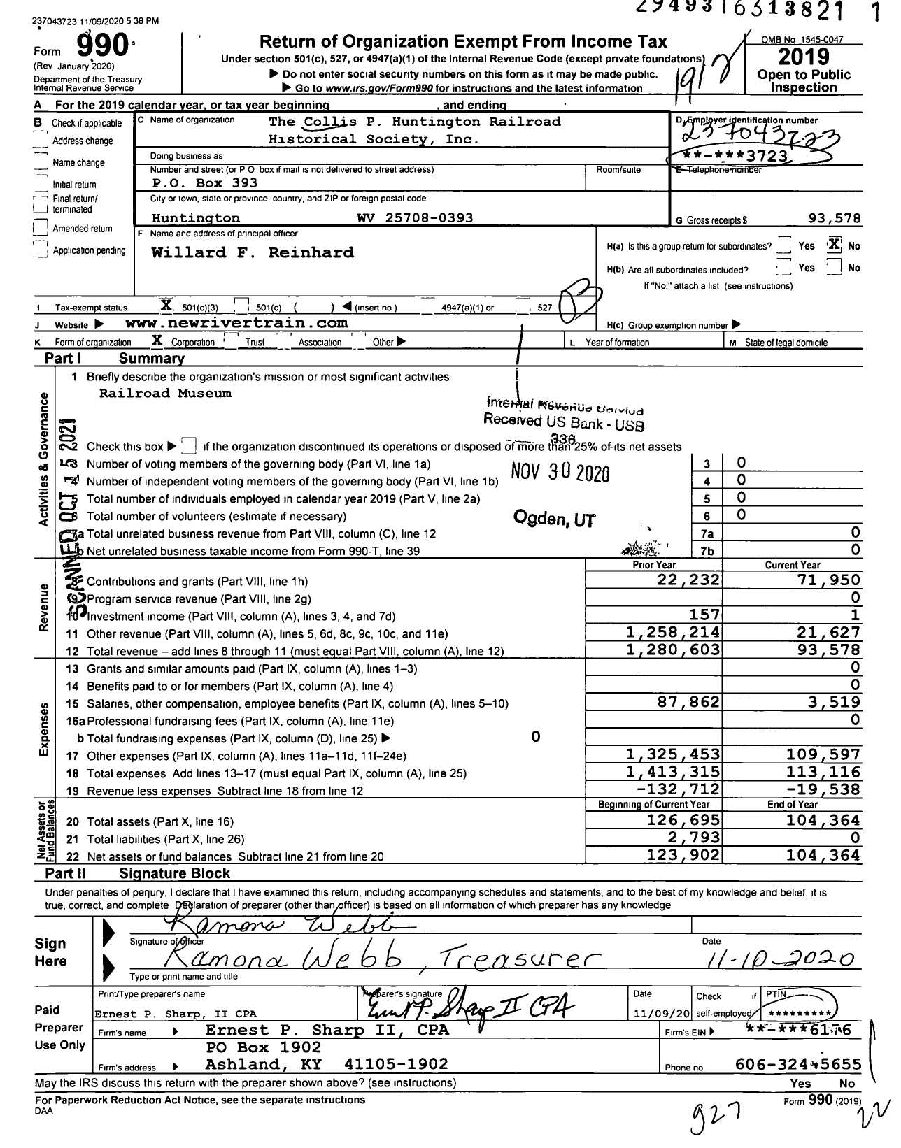 Image of first page of 2019 Form 990 for Collis P Huntington Railroad Historical Society (CPH)