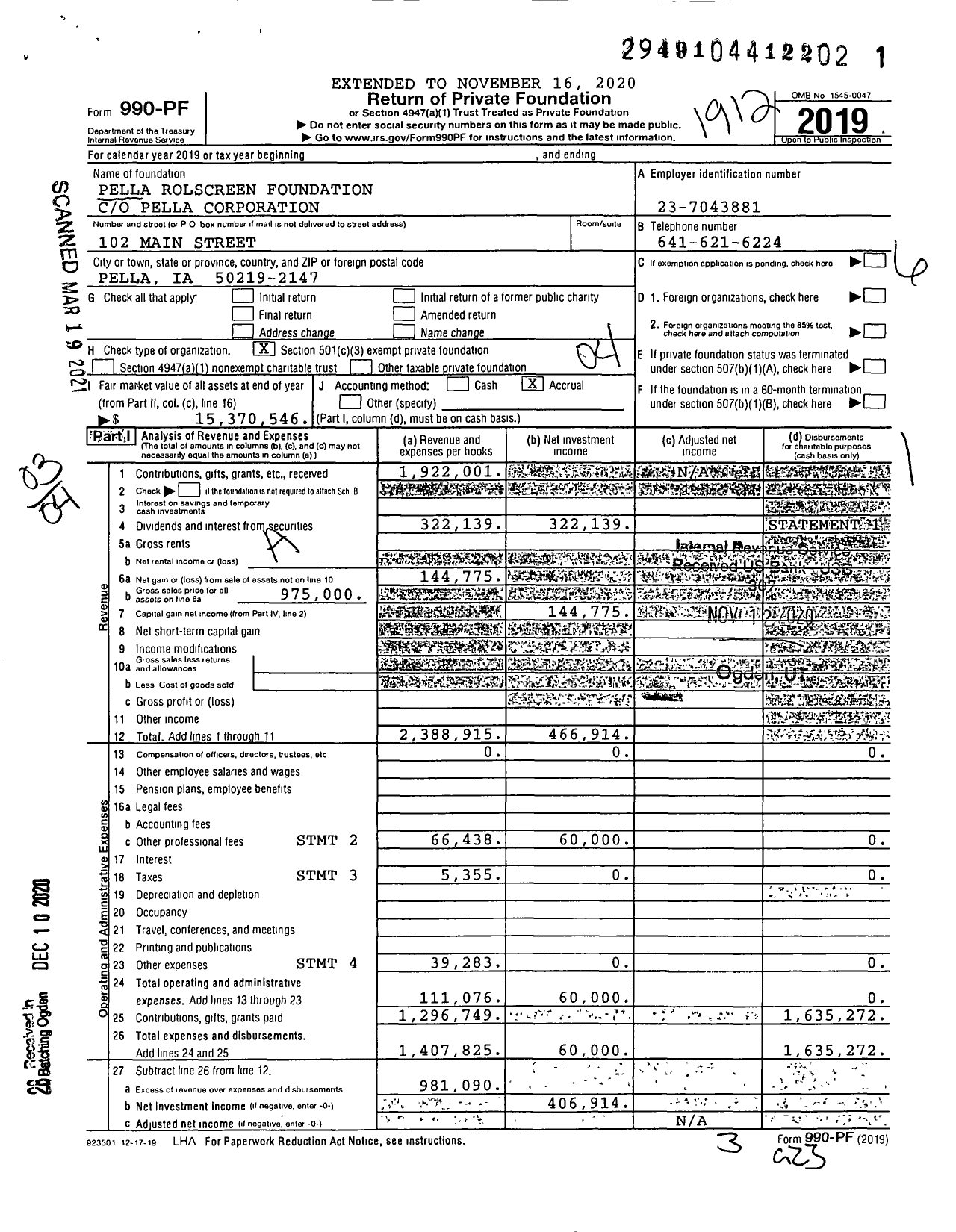 Image of first page of 2019 Form 990PF for Pella Rolscreen Foundation