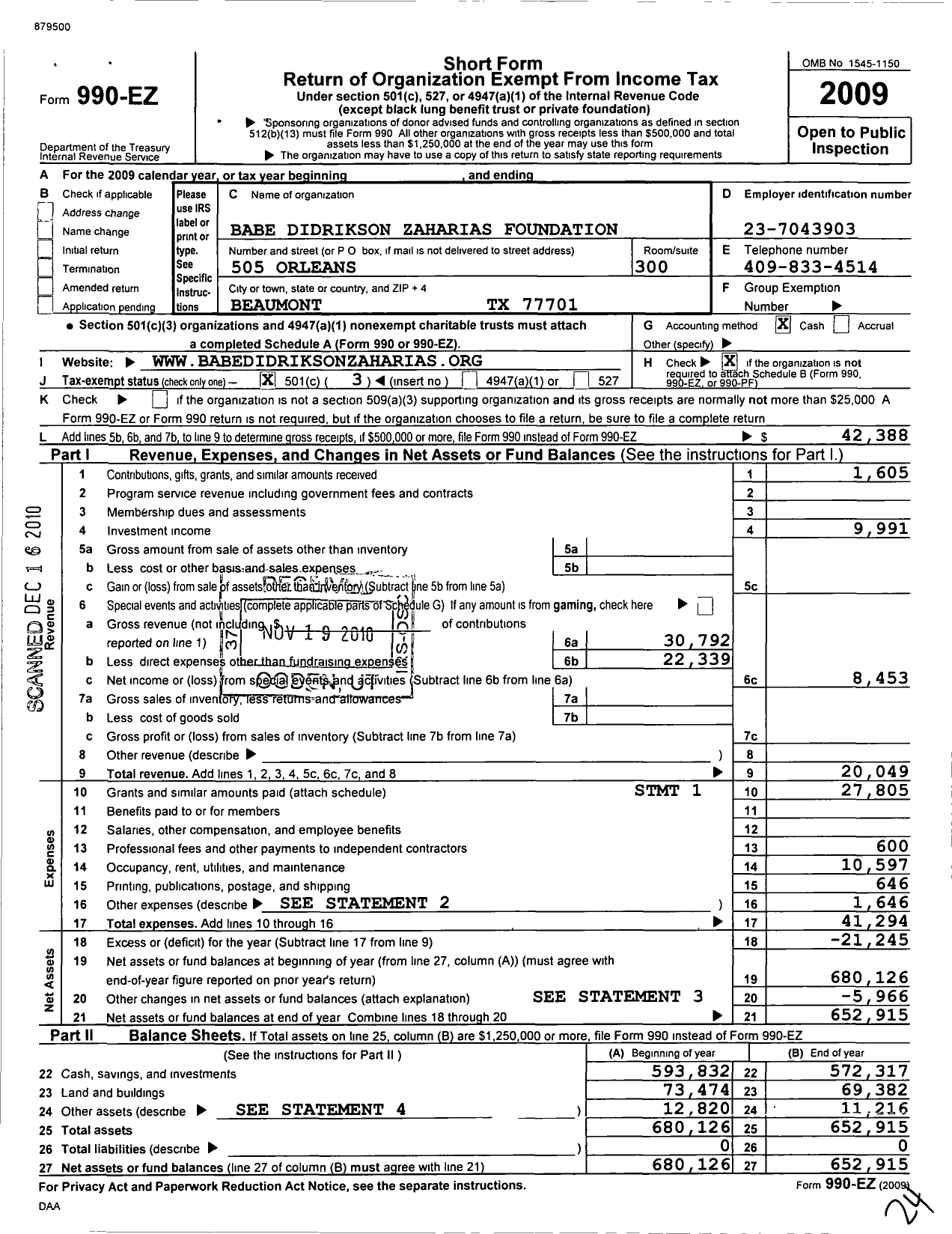 Image of first page of 2009 Form 990EZ for Babe Didrickson Zaharias Foundation