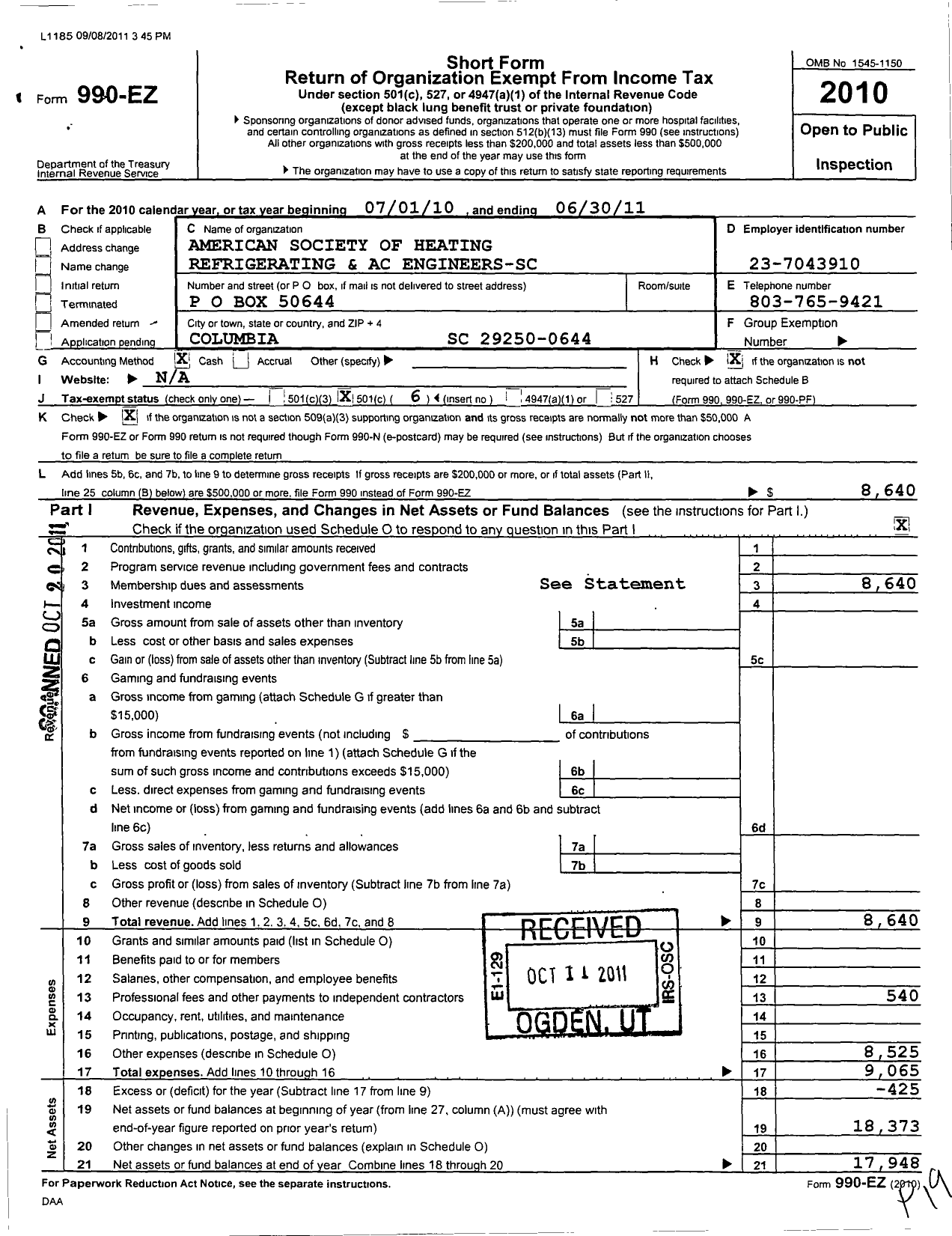 Image of first page of 2010 Form 990EO for American Society of Heating Refrigerating and A-C Engineers / South Carolina