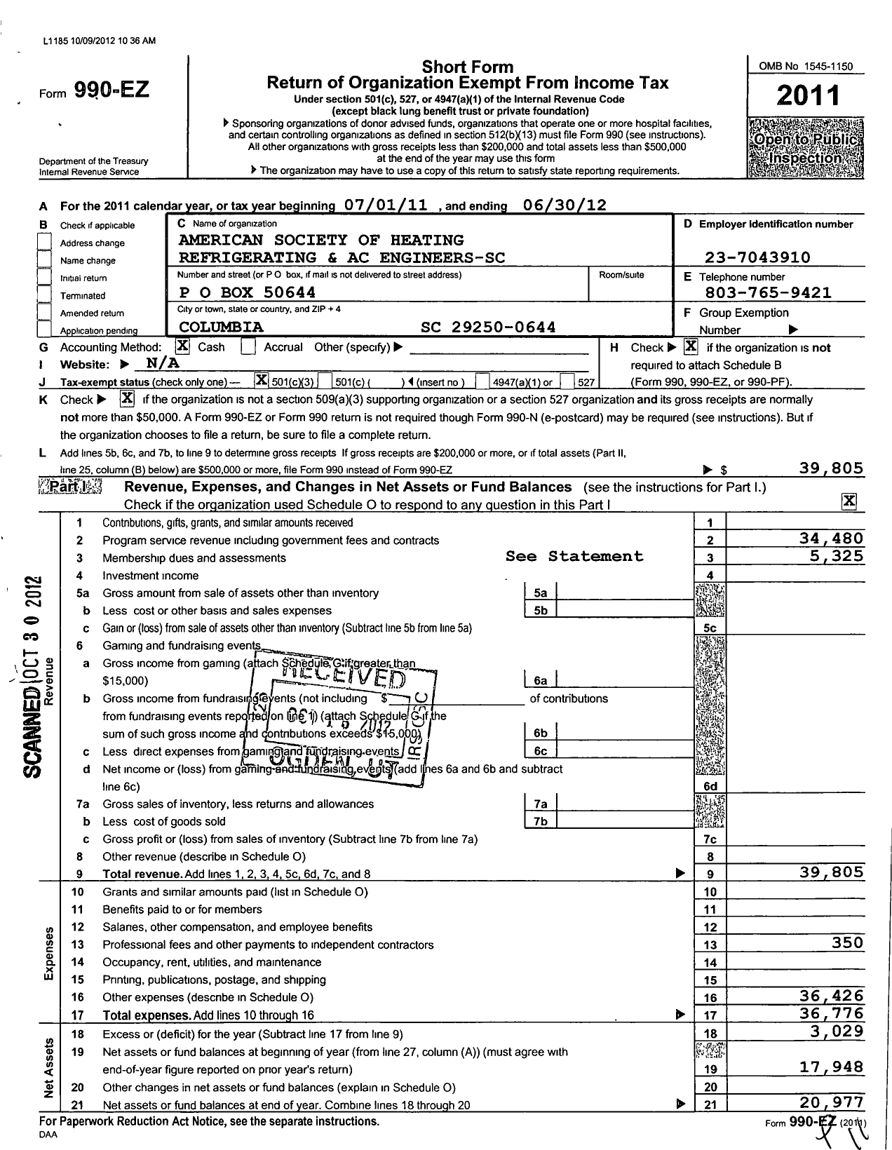 Image of first page of 2011 Form 990EZ for American Society of Heating Refrigerating and A-C Engineers / South Carolina