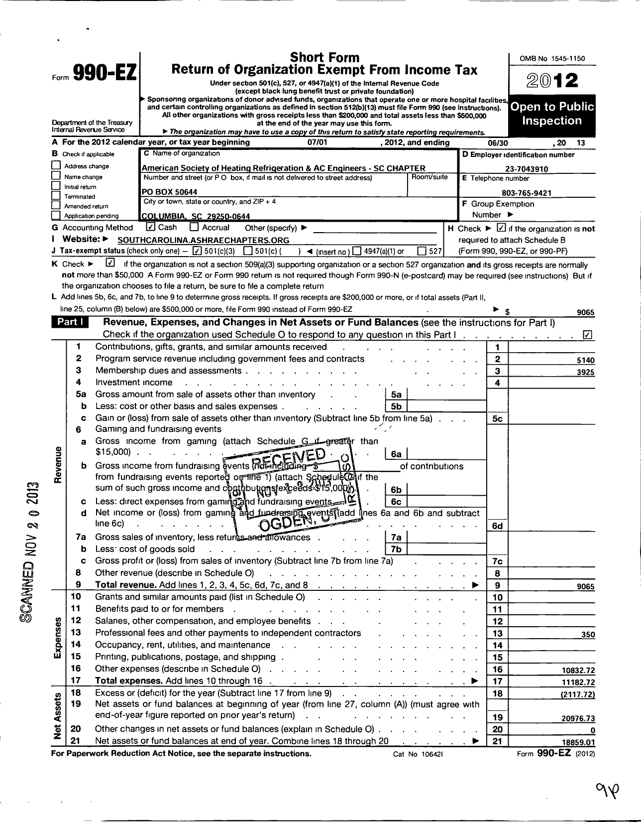 Image of first page of 2012 Form 990EZ for American Society of Heating Refrigerating and A-C Engineers / South Carolina