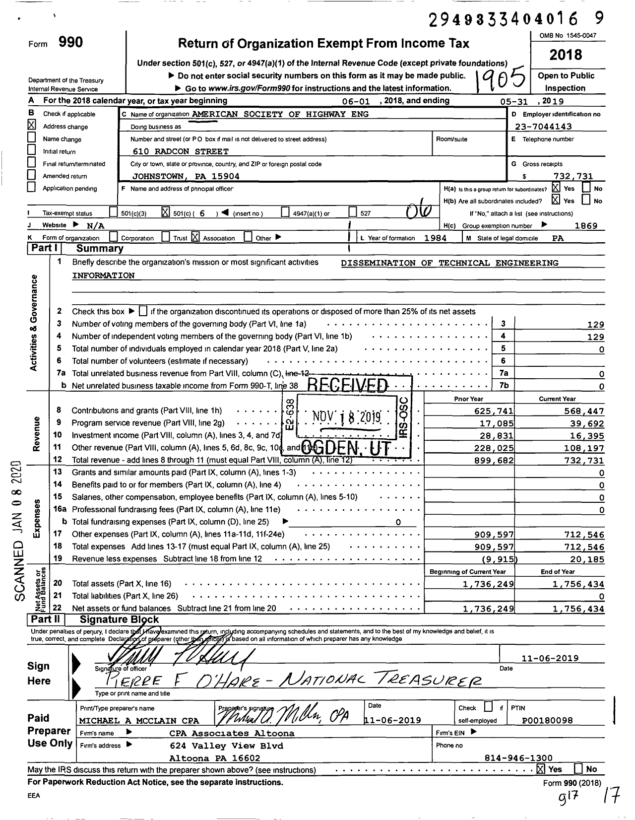 Image of first page of 2018 Form 990O for American Society of Highway Eng