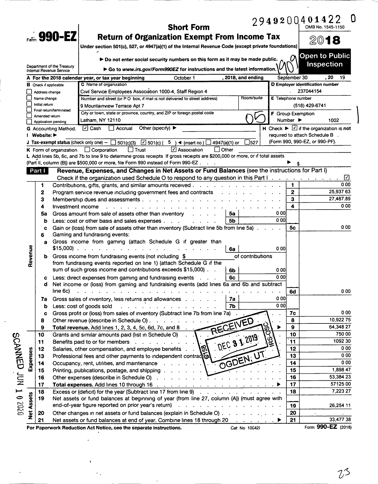 Image of first page of 2018 Form 990EO for Civil Service Employees Association - 1000 Region 4-capital