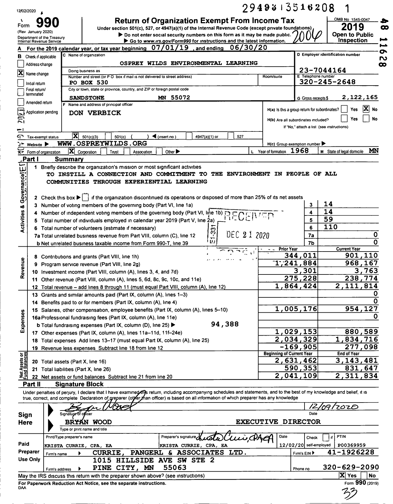 Image of first page of 2019 Form 990 for Osprey Wilds Environmental Learning (ACNW)