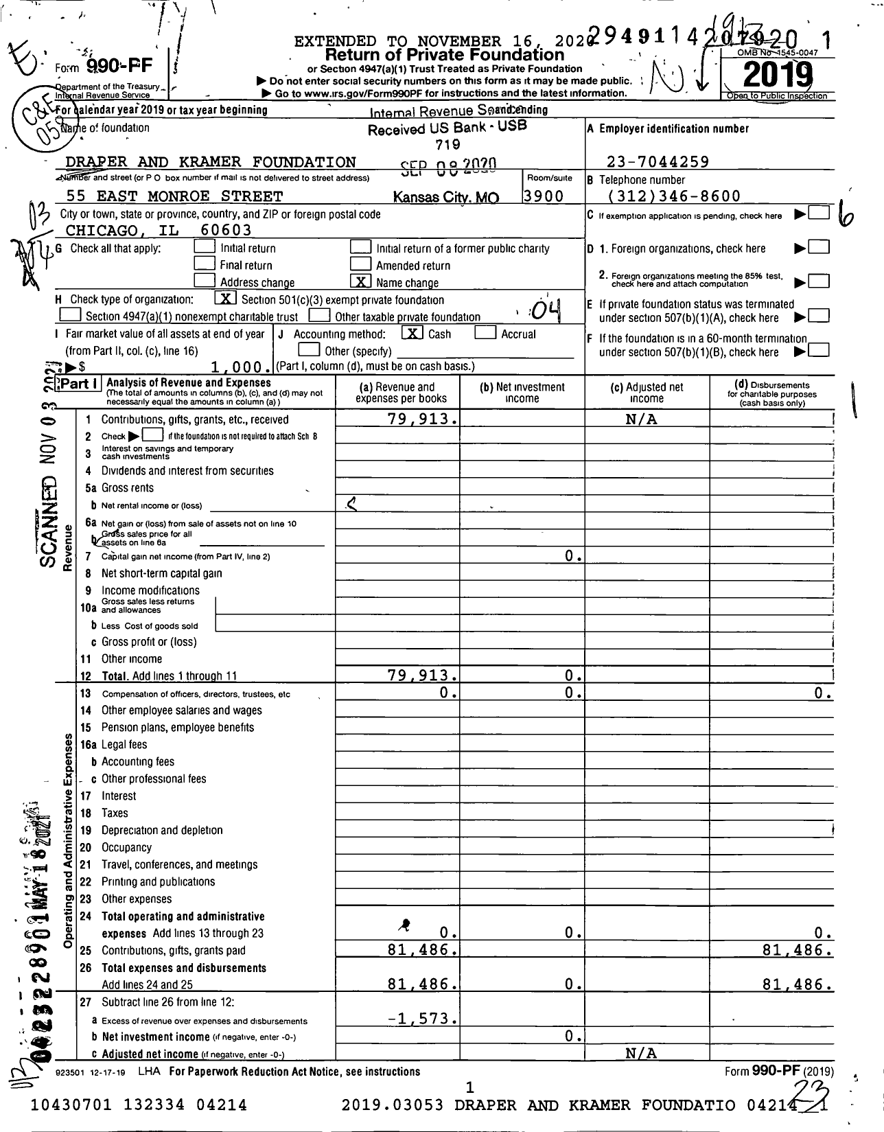 Image of first page of 2019 Form 990PF for Draper and Kramer Foundation