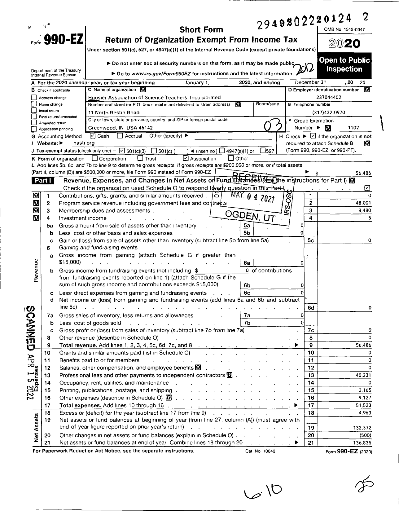 Image of first page of 2020 Form 990EZ for Hoosier Association of Science Teachers Incorporated