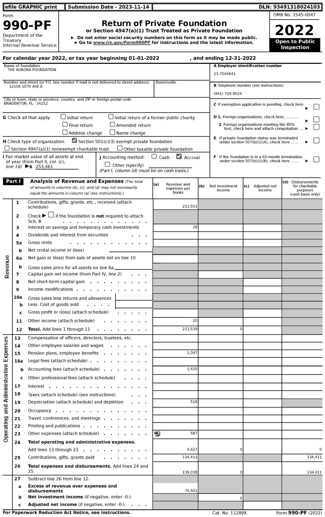 Image of first page of 2022 Form 990PF for The Aurora Foundation