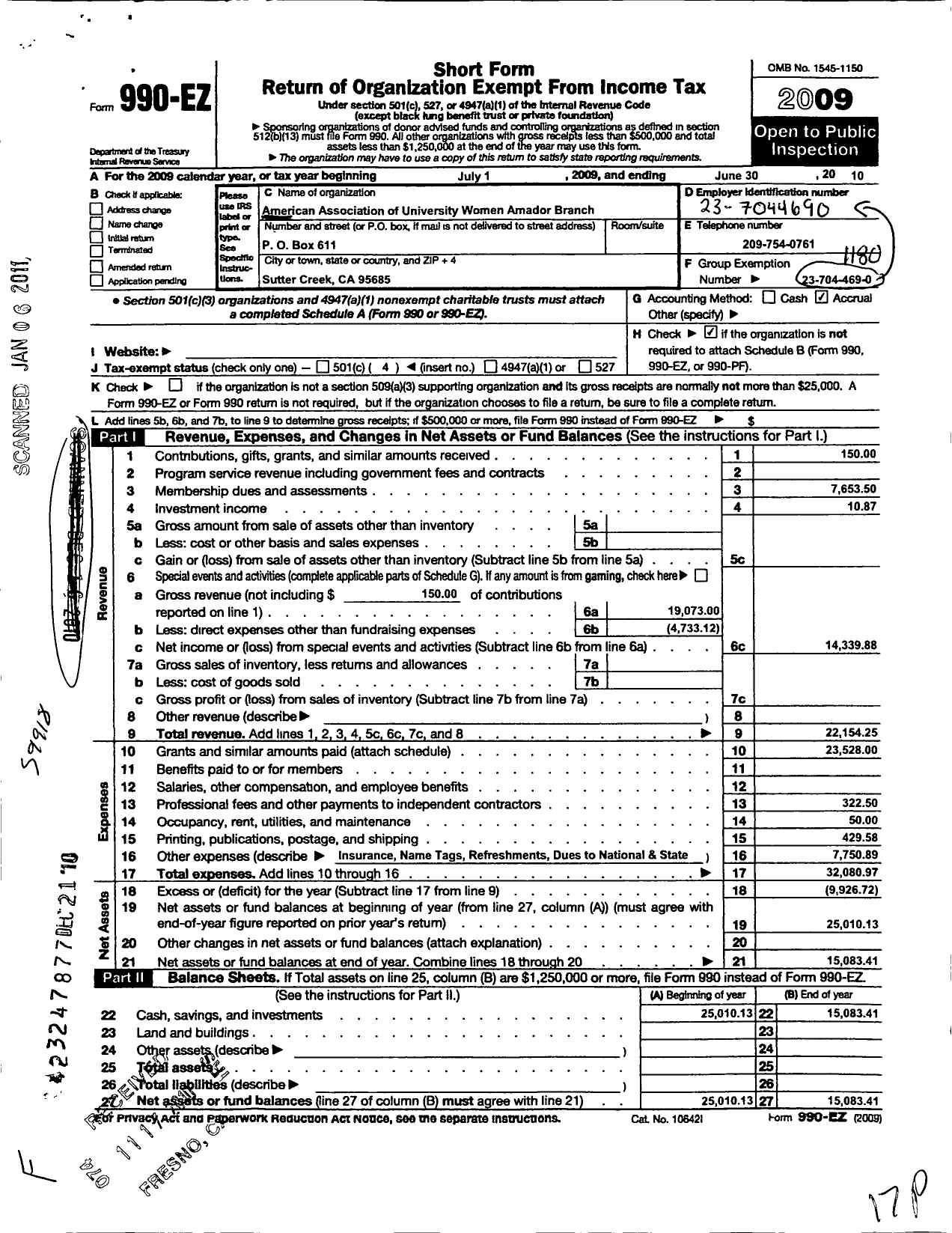 Image of first page of 2009 Form 990EO for American Association of University Women / Aauw Amador Branch