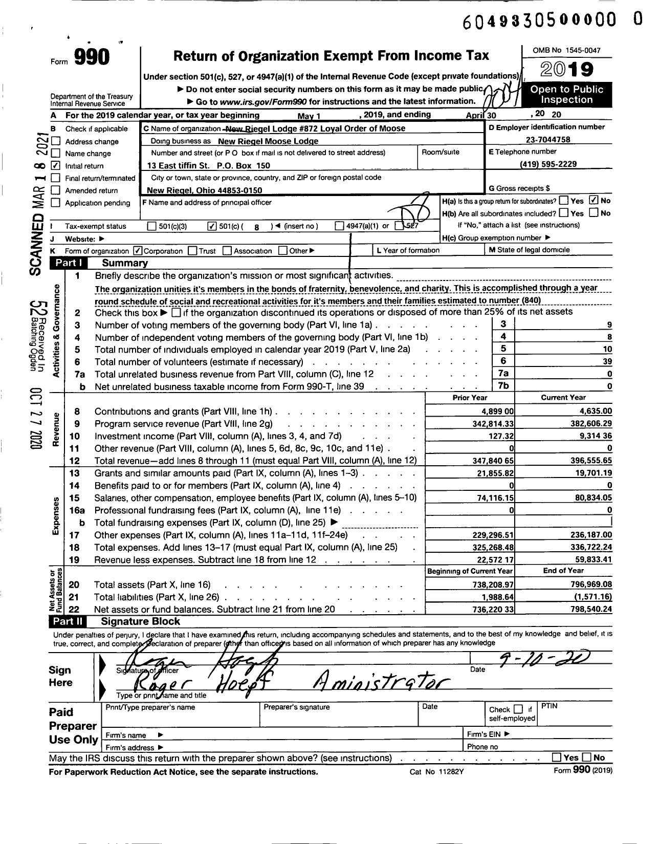 Image of first page of 2019 Form 990O for Loyal Order of Moose - New Riegel Moose Lodge 872