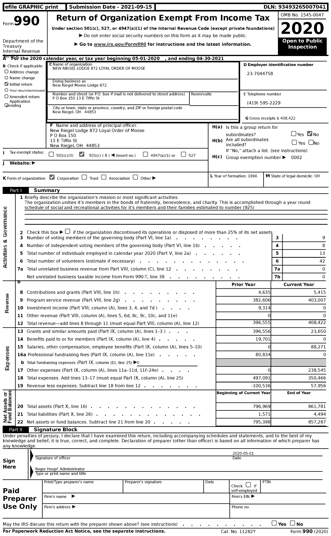 Image of first page of 2020 Form 990 for Loyal Order of Moose - New Riegel Moose Lodge 872