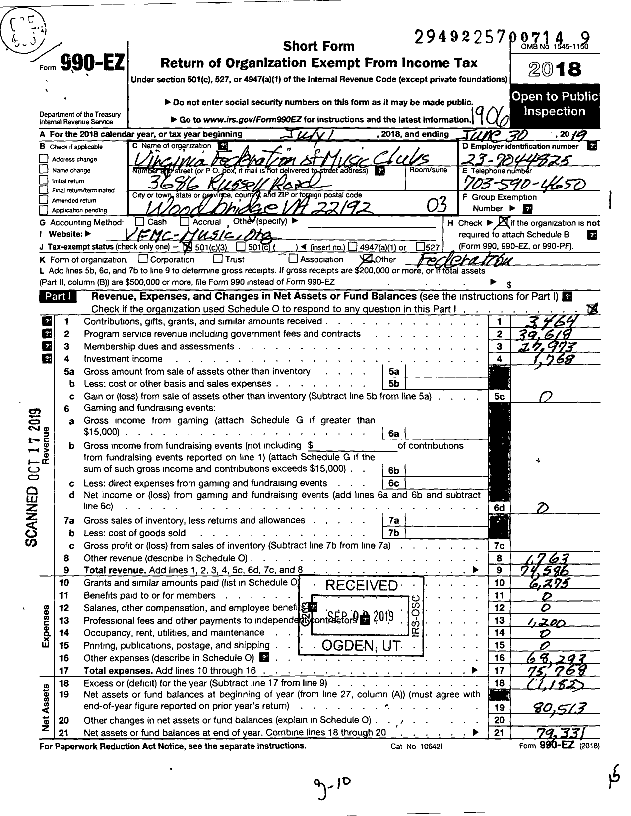 Image of first page of 2018 Form 990EZ for Virginia Federation of Music Clubs