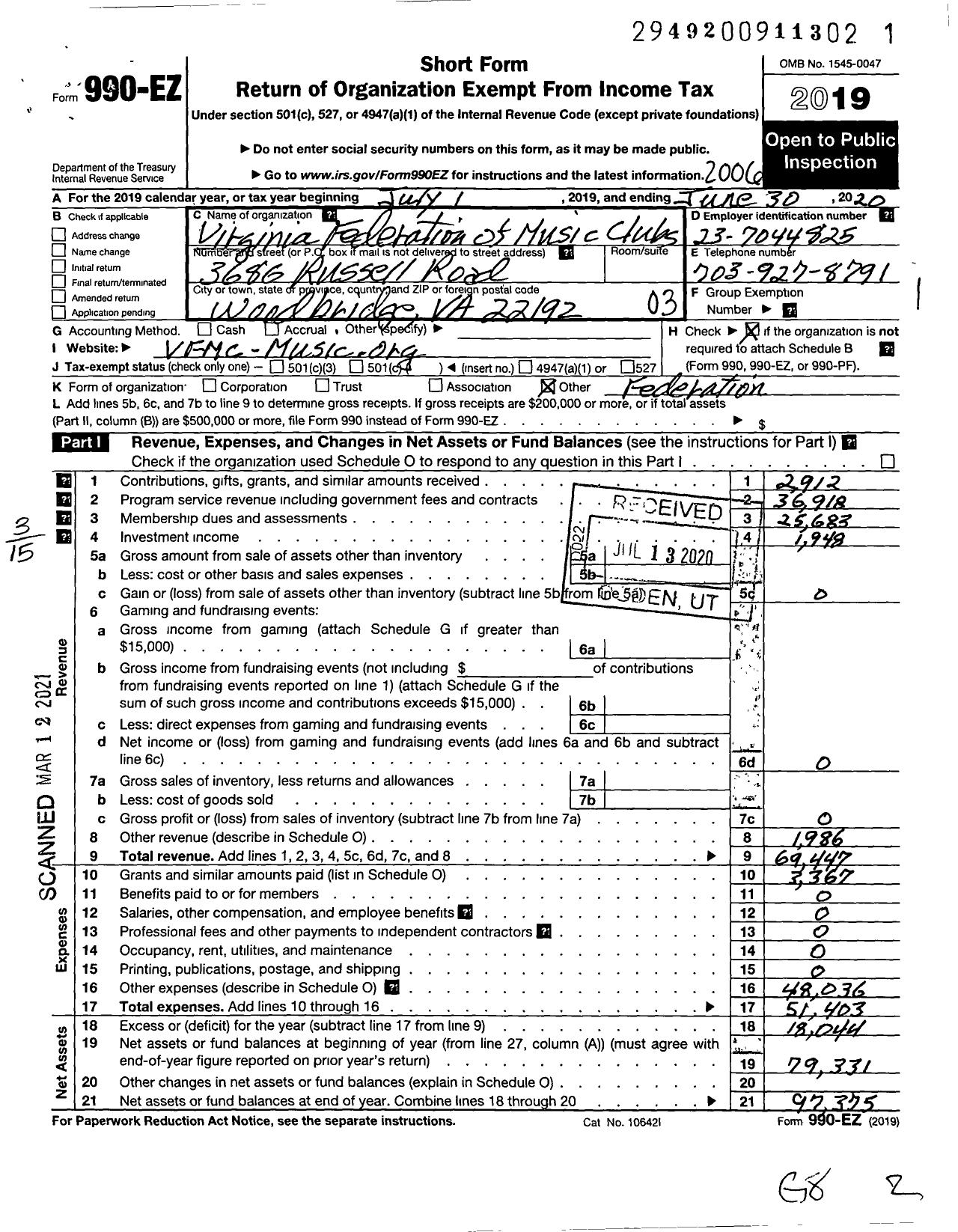 Image of first page of 2019 Form 990EZ for Virginia Federation of Music Clubs