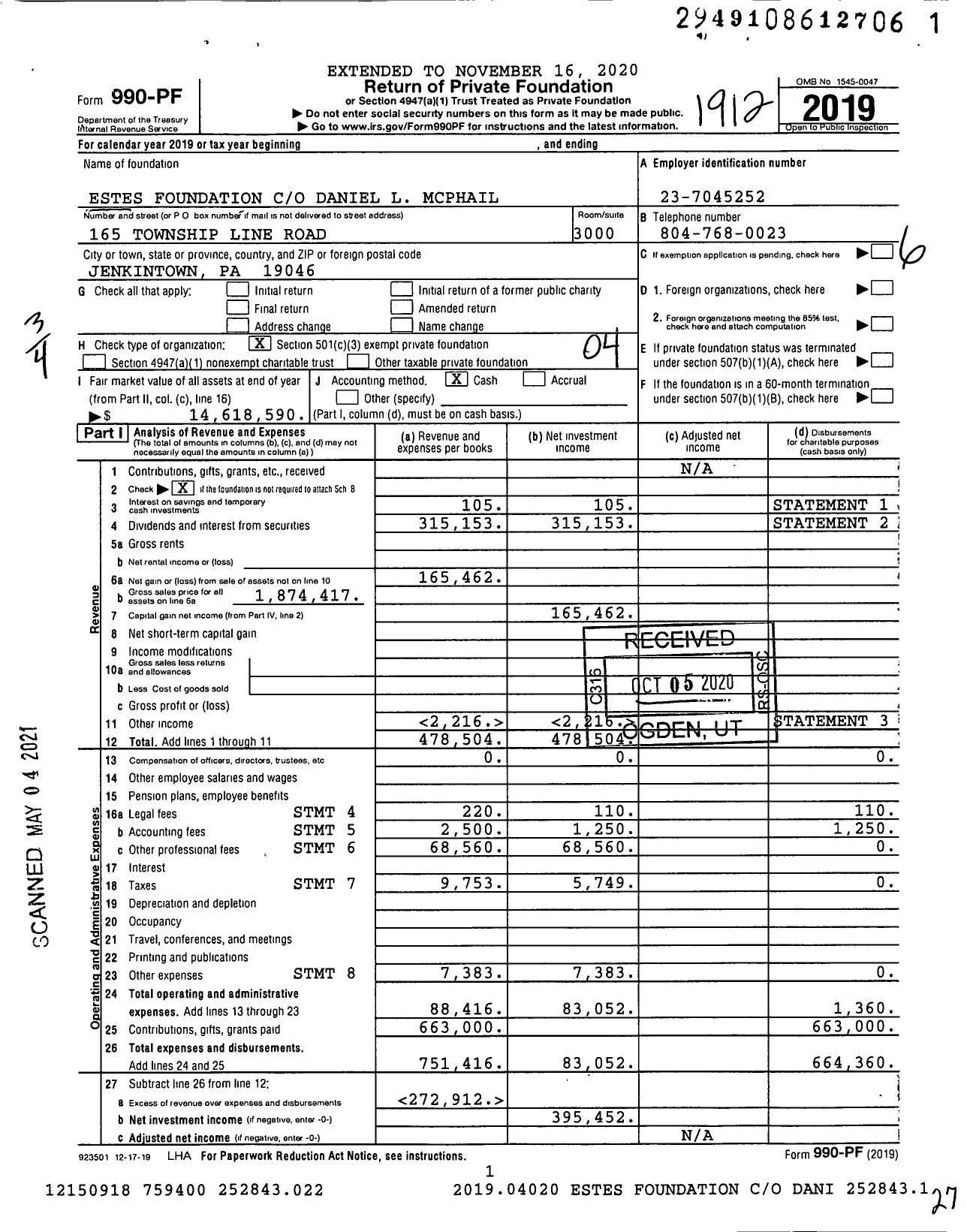 Image of first page of 2019 Form 990PF for Estes Foundation Daniel L Mcphail