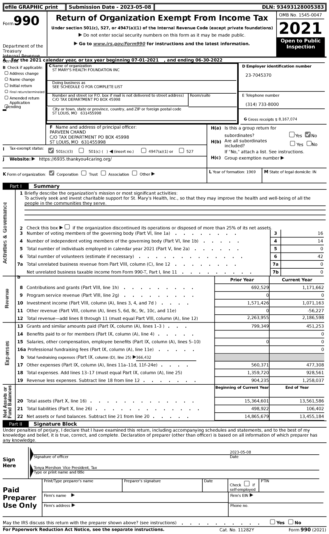 Image of first page of 2021 Form 990 for St Mary's Health Foundation