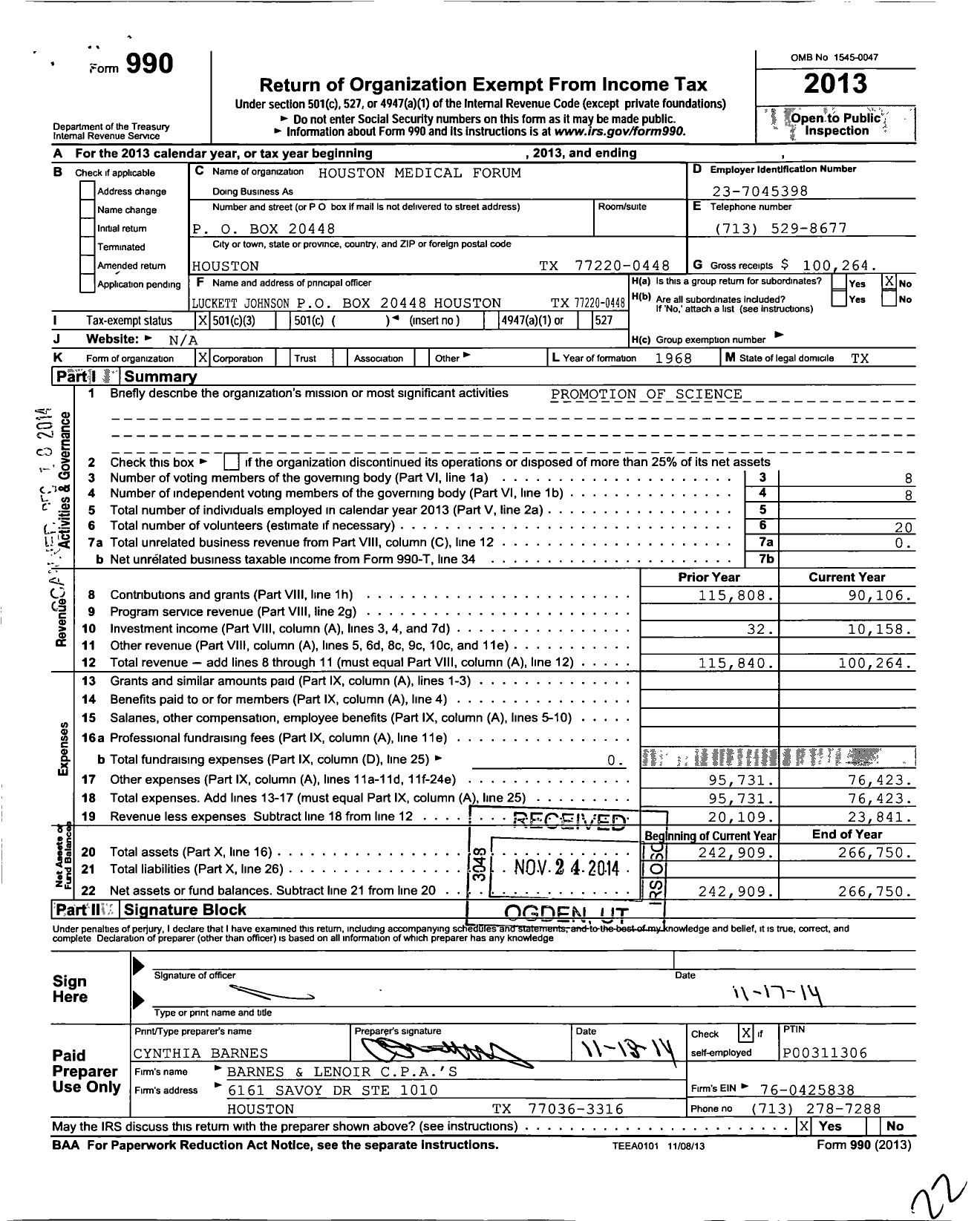 Image of first page of 2013 Form 990 for Houston Medical Forum