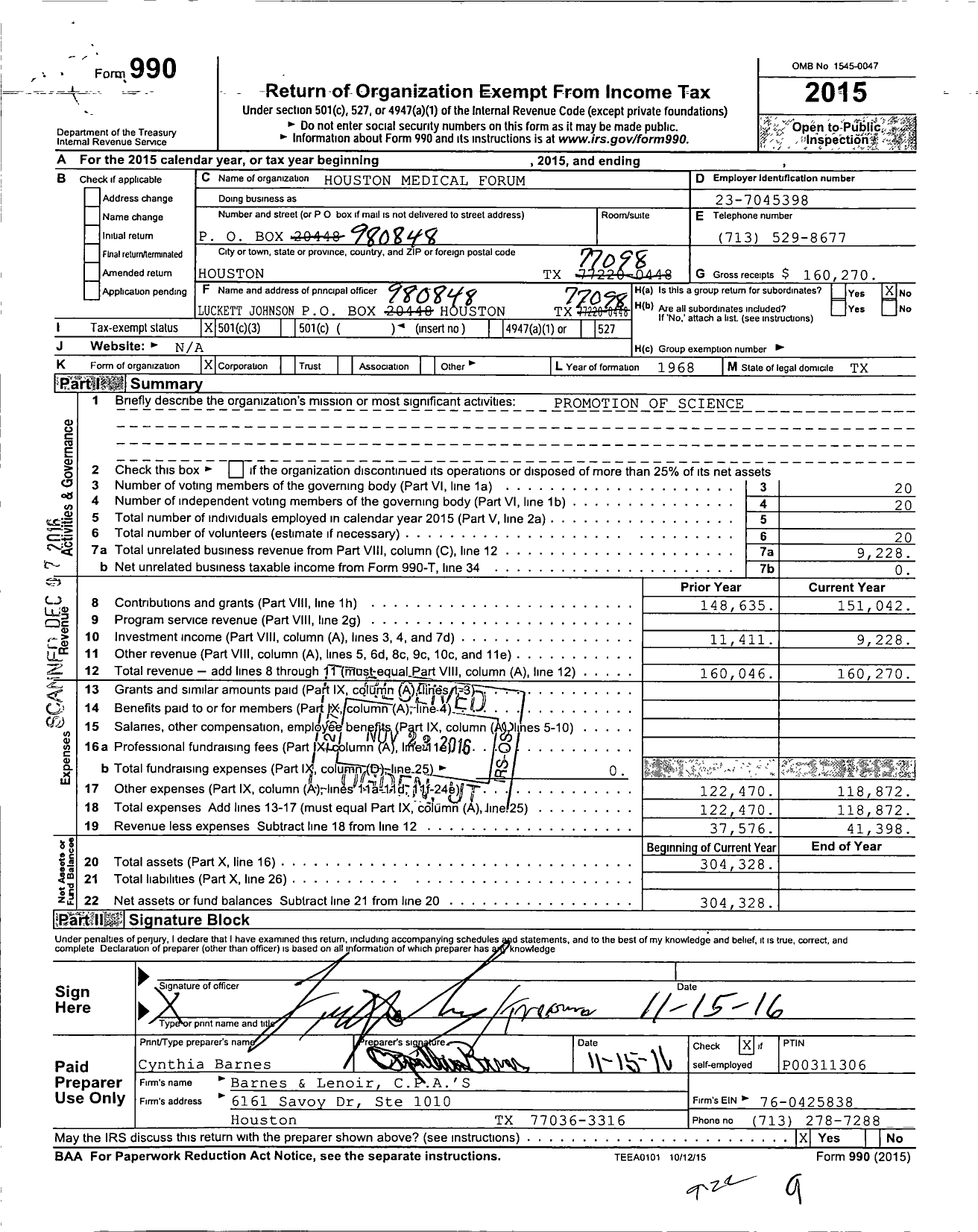 Image of first page of 2015 Form 990 for Houston Medical Forum