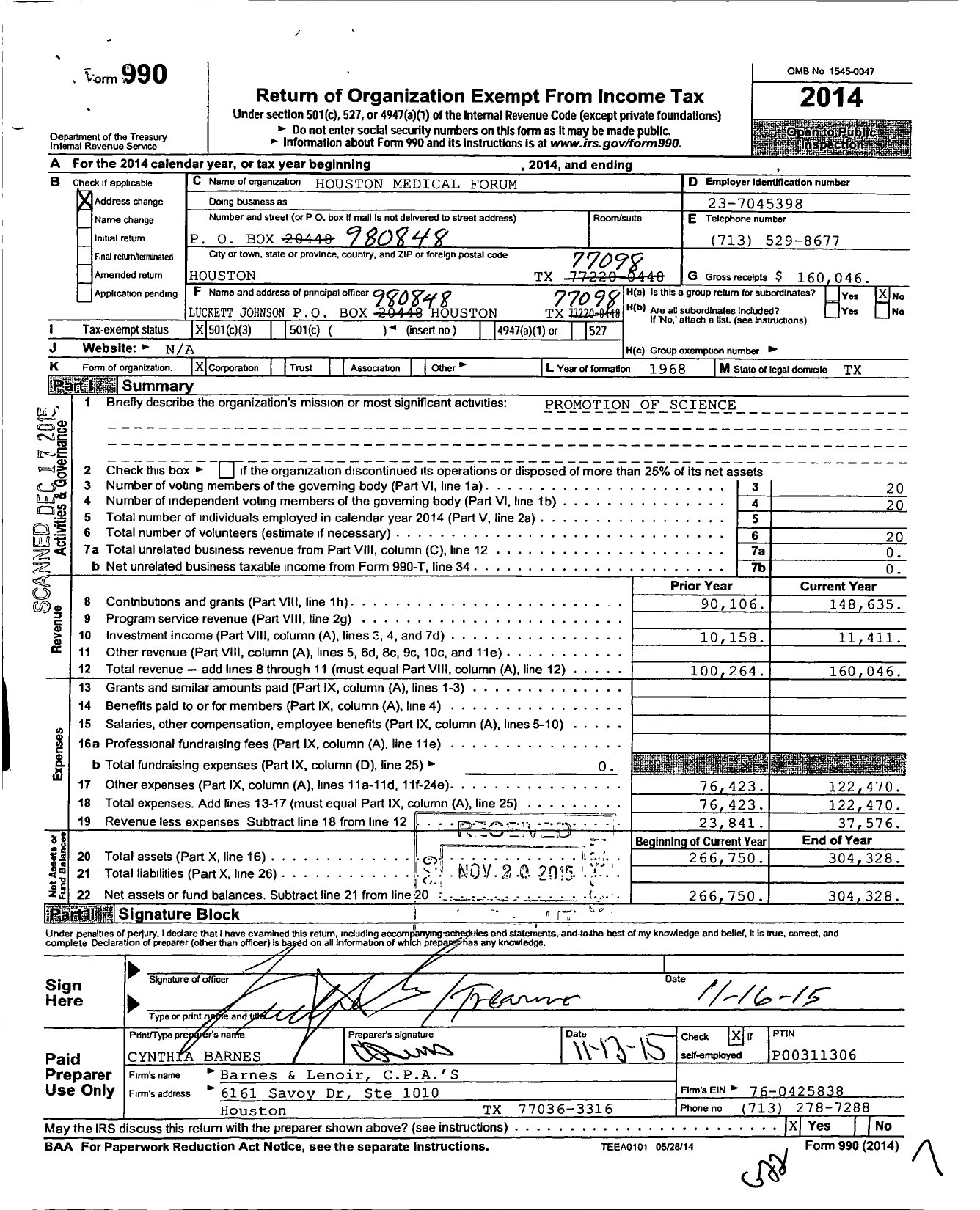 Image of first page of 2014 Form 990 for Houston Medical Forum