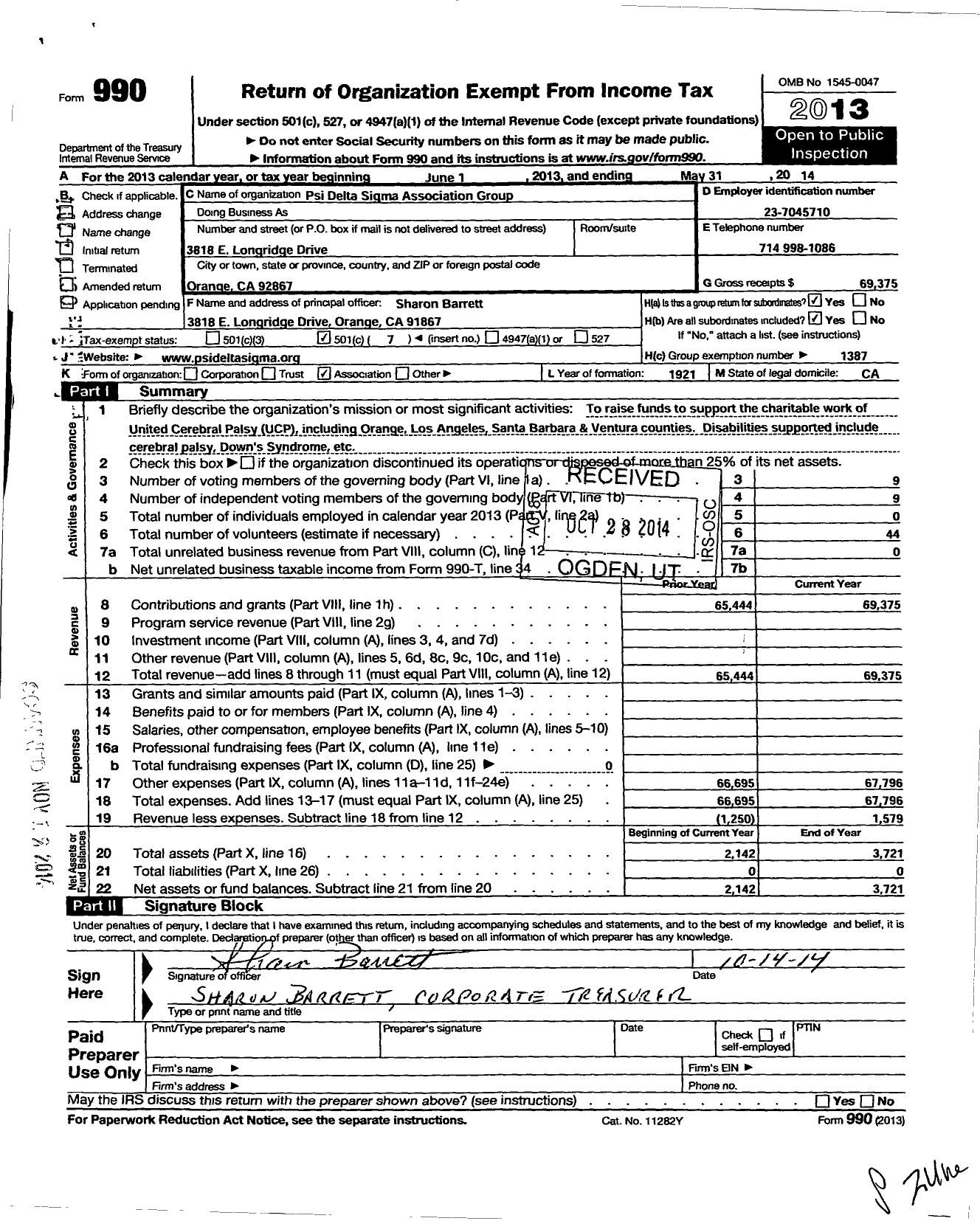 Image of first page of 2013 Form 990O for Psi Delta Sigme Association Group