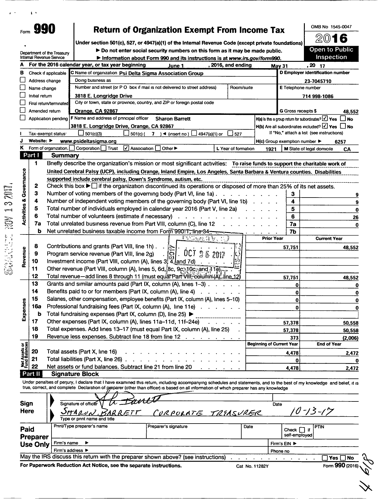 Image of first page of 2016 Form 990O for Psi Delta Sigme Association Group