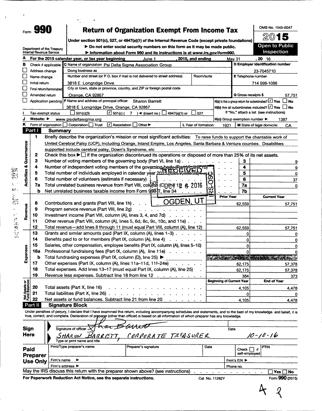 Image of first page of 2015 Form 990O for Psi Delta Sigme Association Group