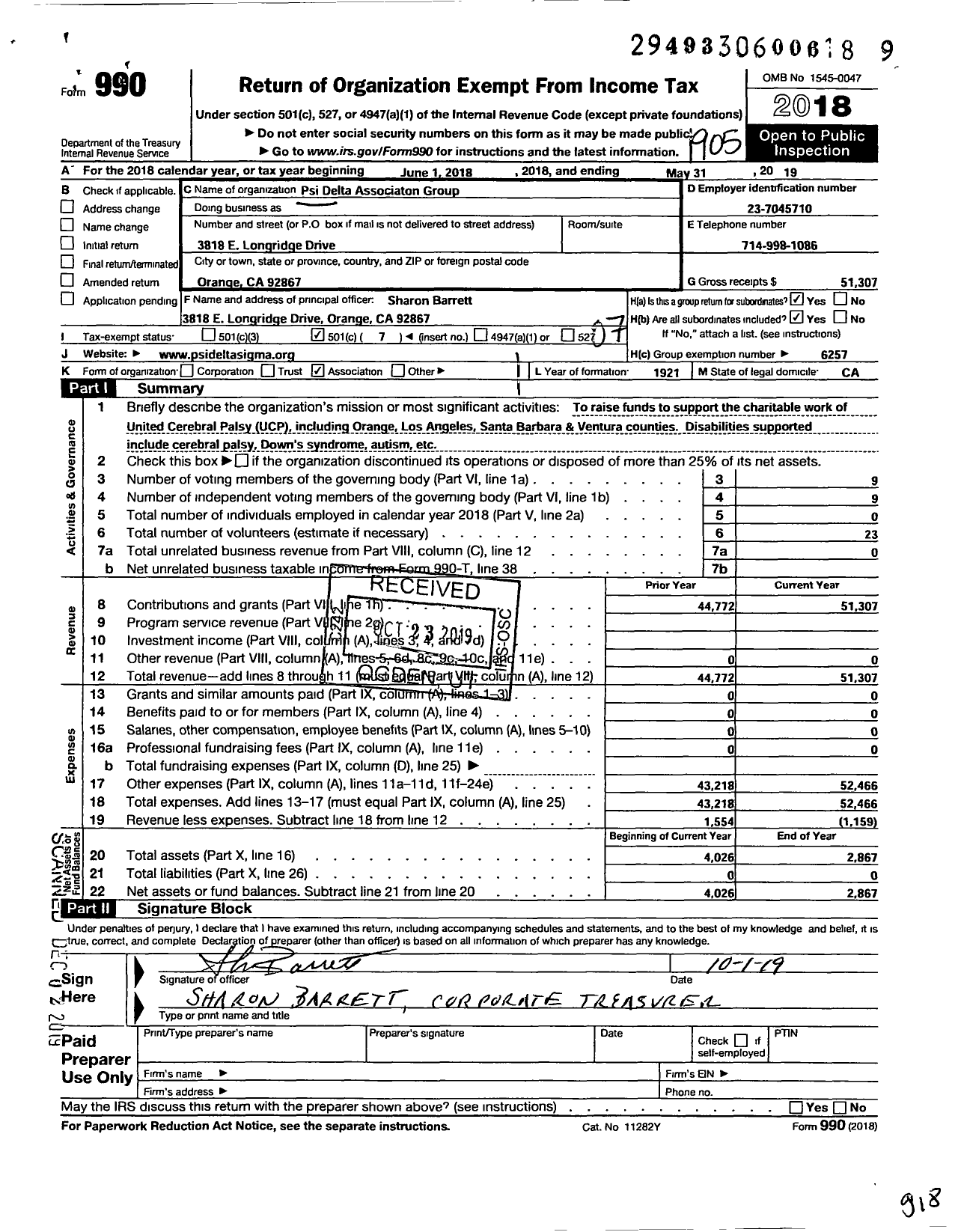 Image of first page of 2018 Form 990O for Psi Delta Sigme Association Group