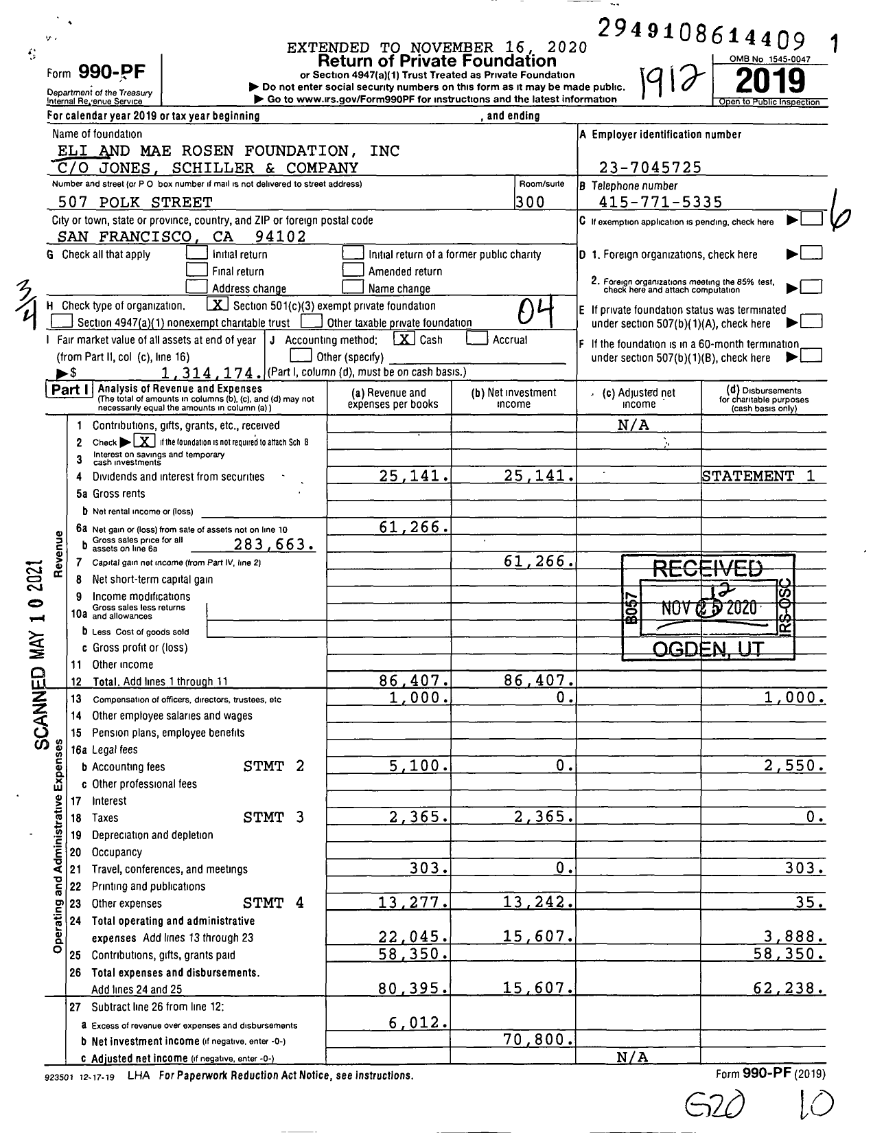 Image of first page of 2019 Form 990PF for Eli and Mae Rosen Foundation