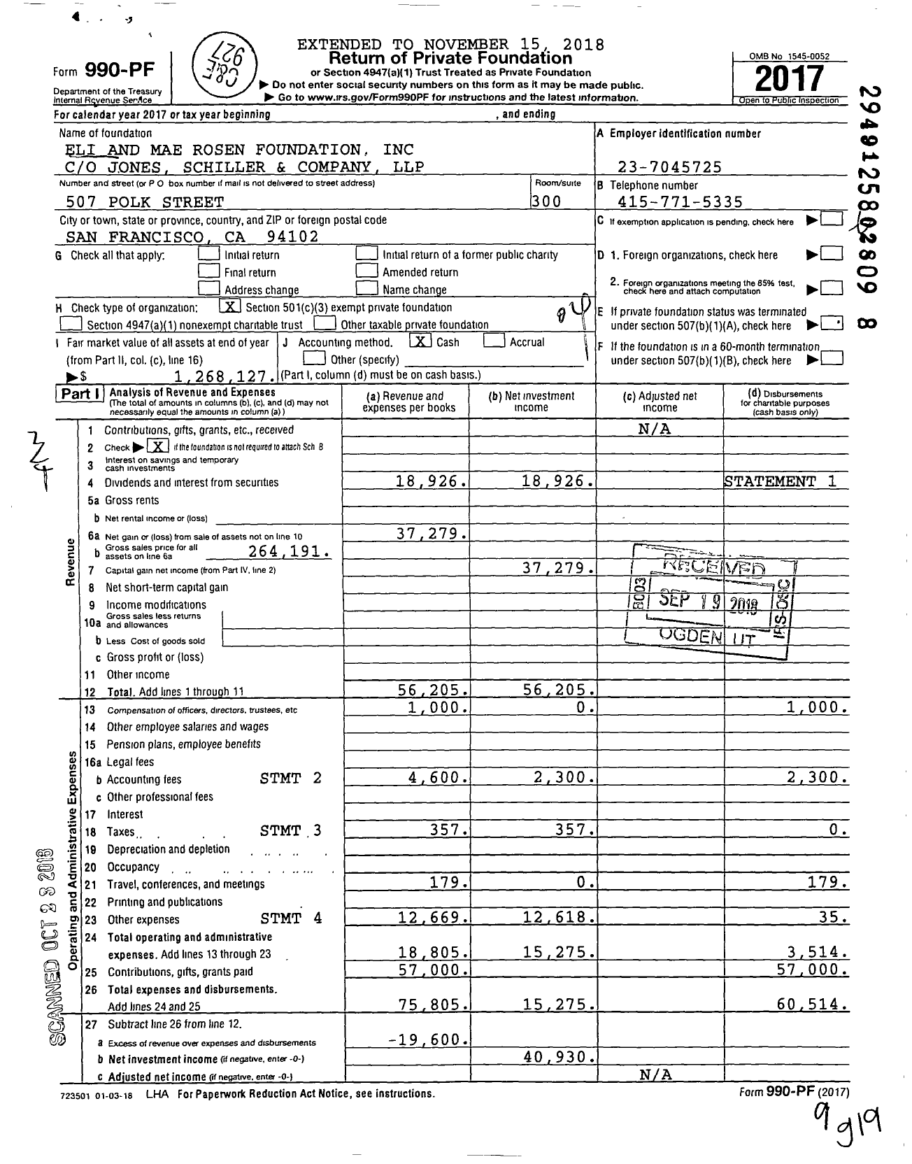 Image of first page of 2017 Form 990PF for Eli and Mae Rosen Foundation