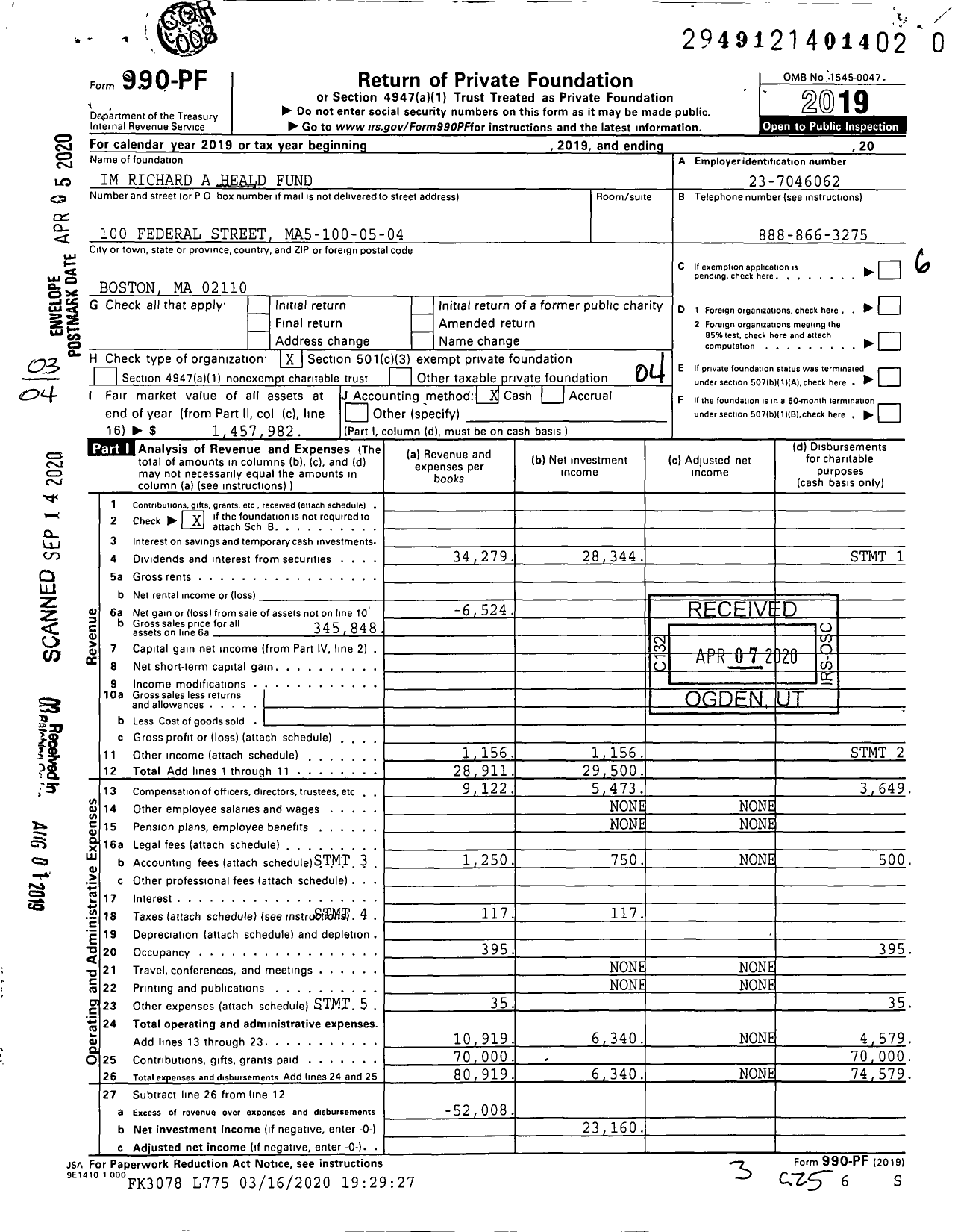 Image of first page of 2019 Form 990PR for Im Richard A Heald Fund