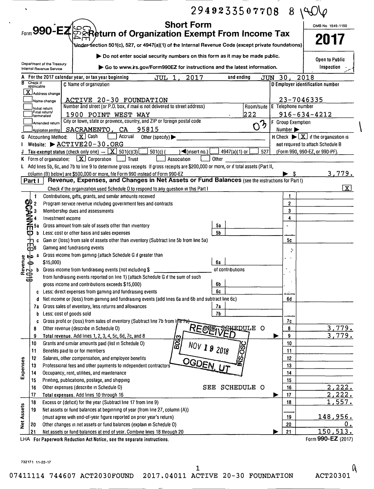 Image of first page of 2017 Form 990EZ for Active 20-30 Foundation