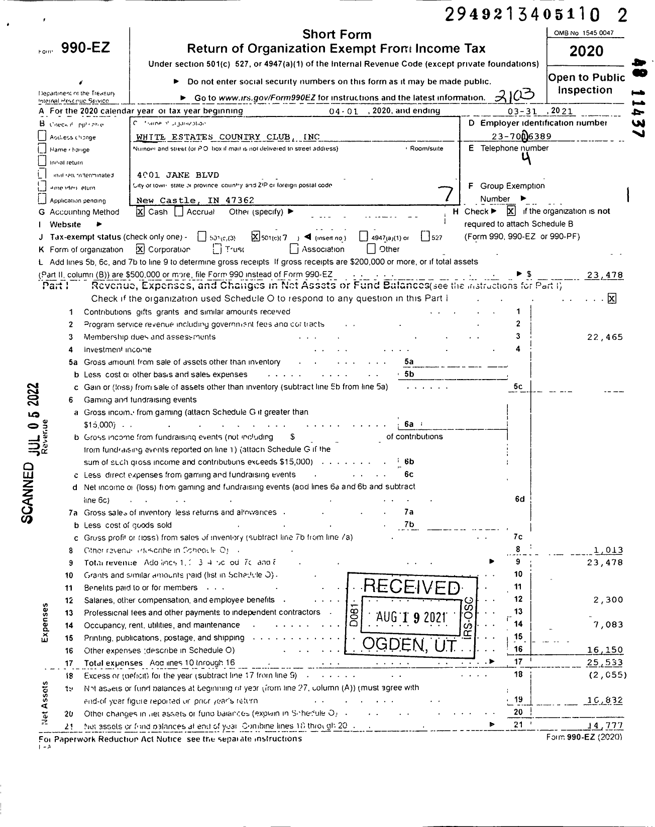 Image of first page of 2020 Form 990EO for White Estates Country Club