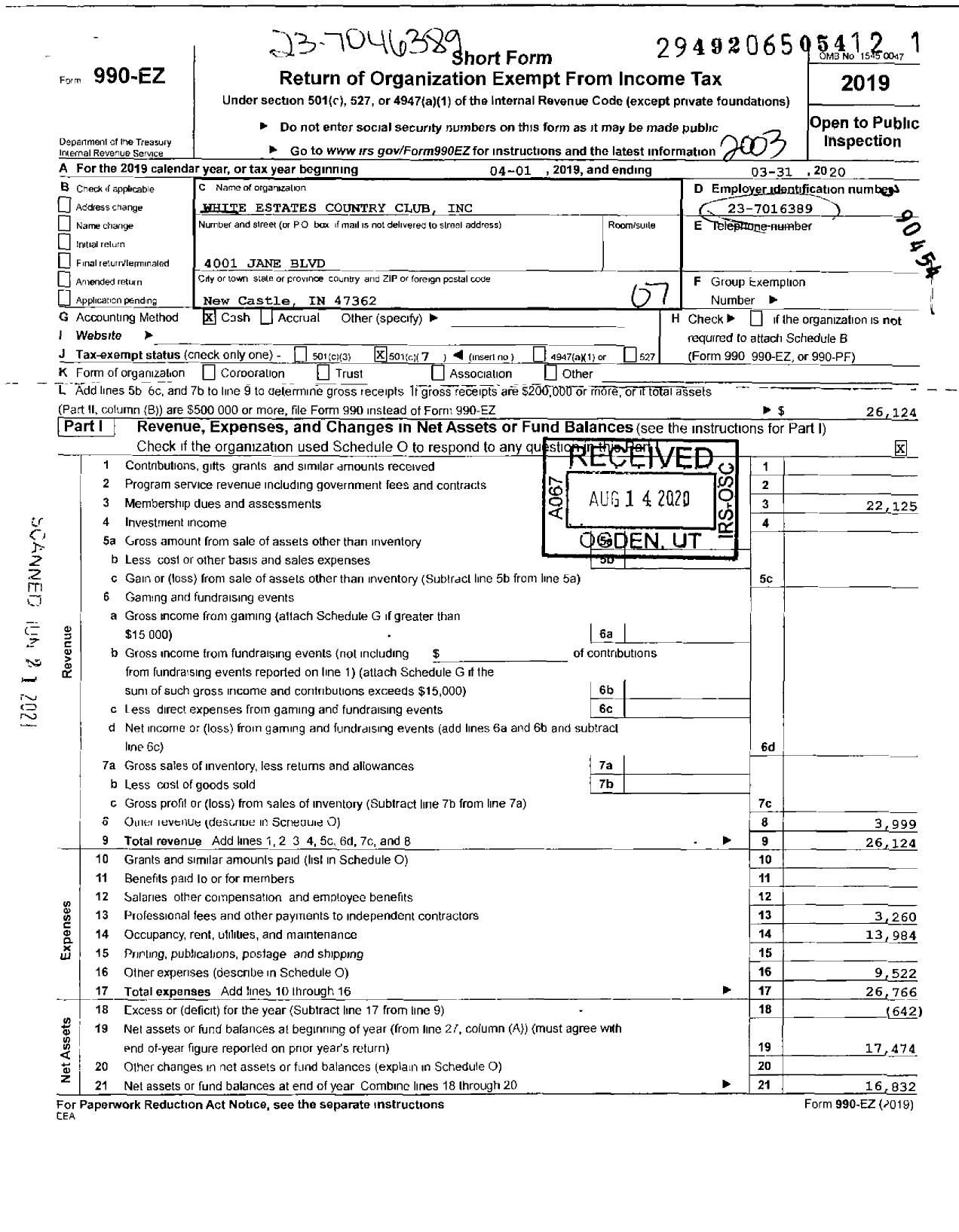 Image of first page of 2019 Form 990EO for White Estates Country Club