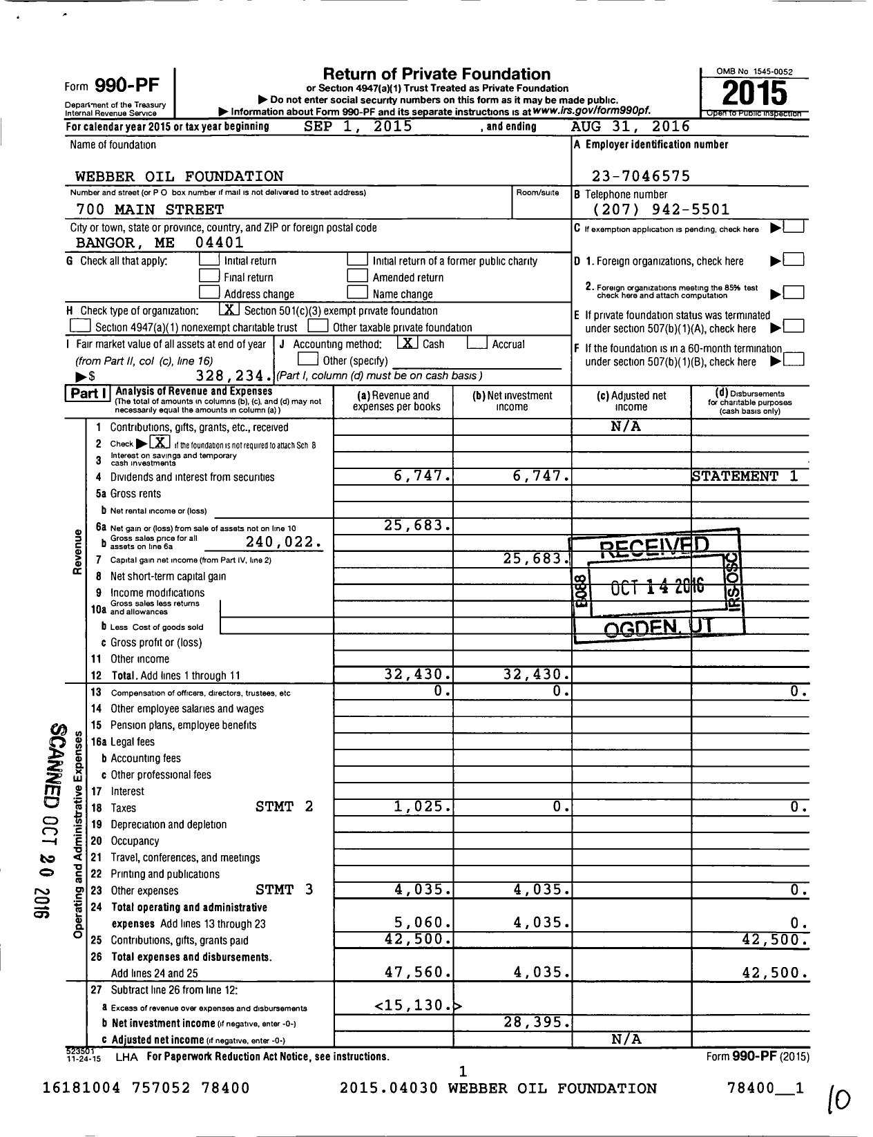 Image of first page of 2015 Form 990PF for Webber Oil Foundation