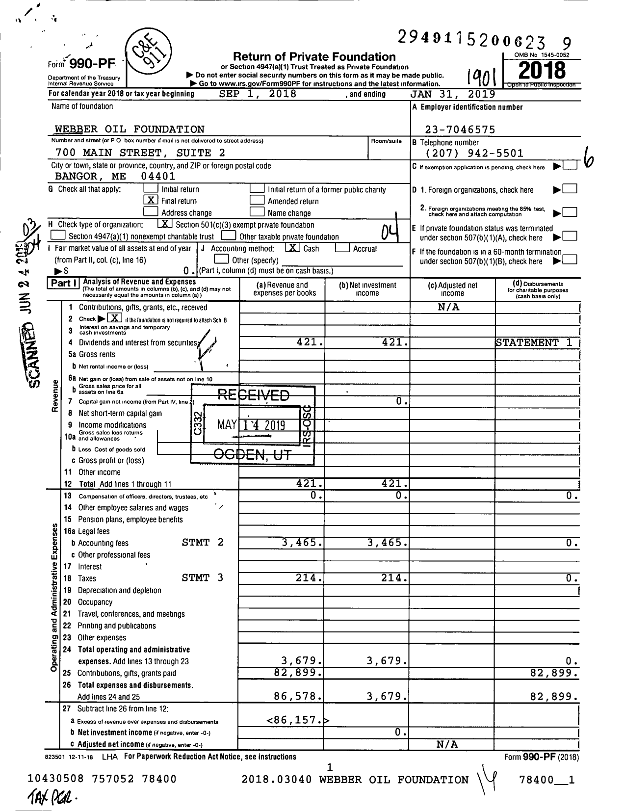 Image of first page of 2018 Form 990PF for Webber Oil Foundation
