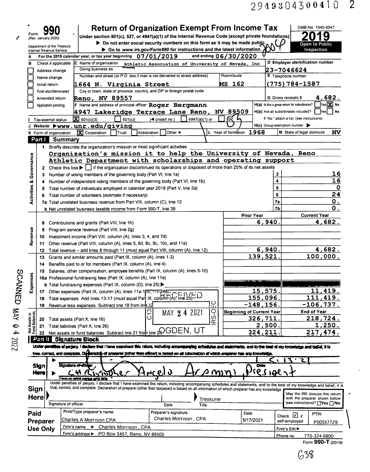 Image of first page of 2019 Form 990 for Wolf Pack Athletic Association