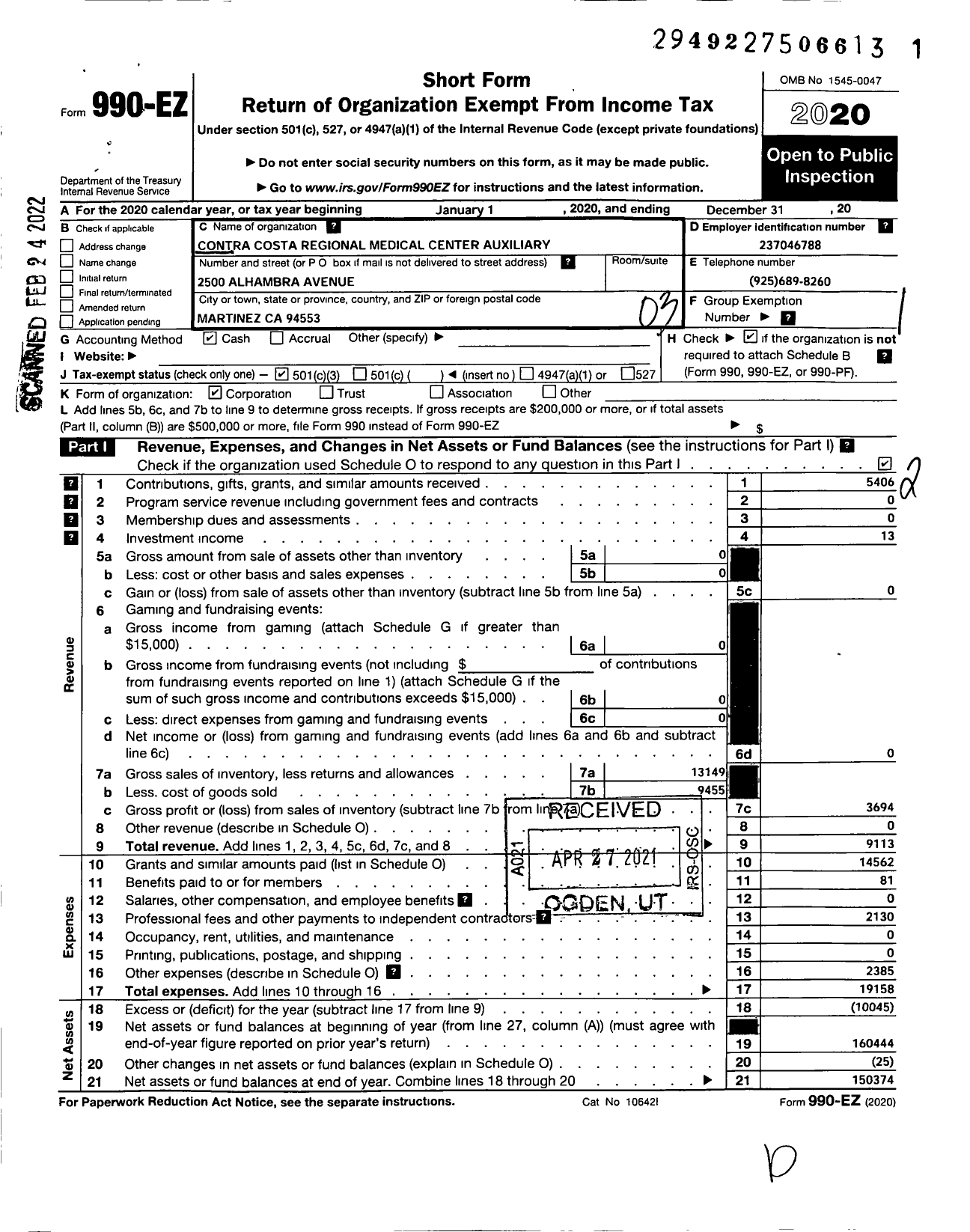 Image of first page of 2020 Form 990EZ for Contra Costa Regional Medical Center Auxiliary